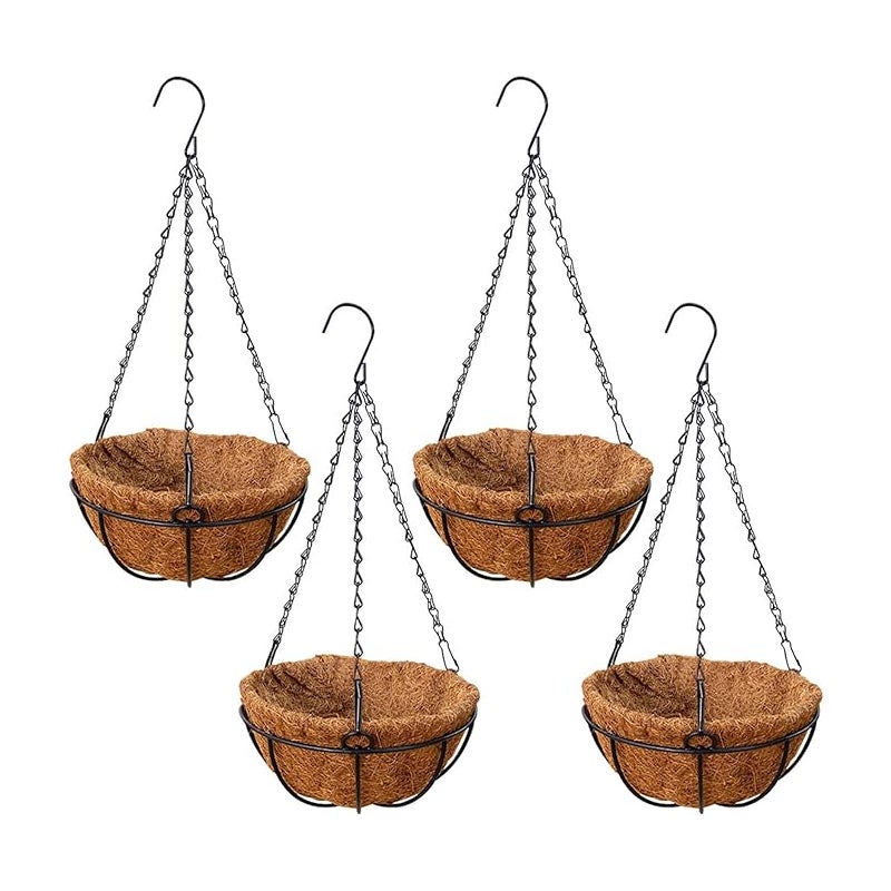 Zestaw 4 wiszących koszy w kolorze kakao, wyłożonych włókniną i kakao, doniczek i doniczek wiszących, odpowiednich do ogrodu, na werandę, balkon lub
