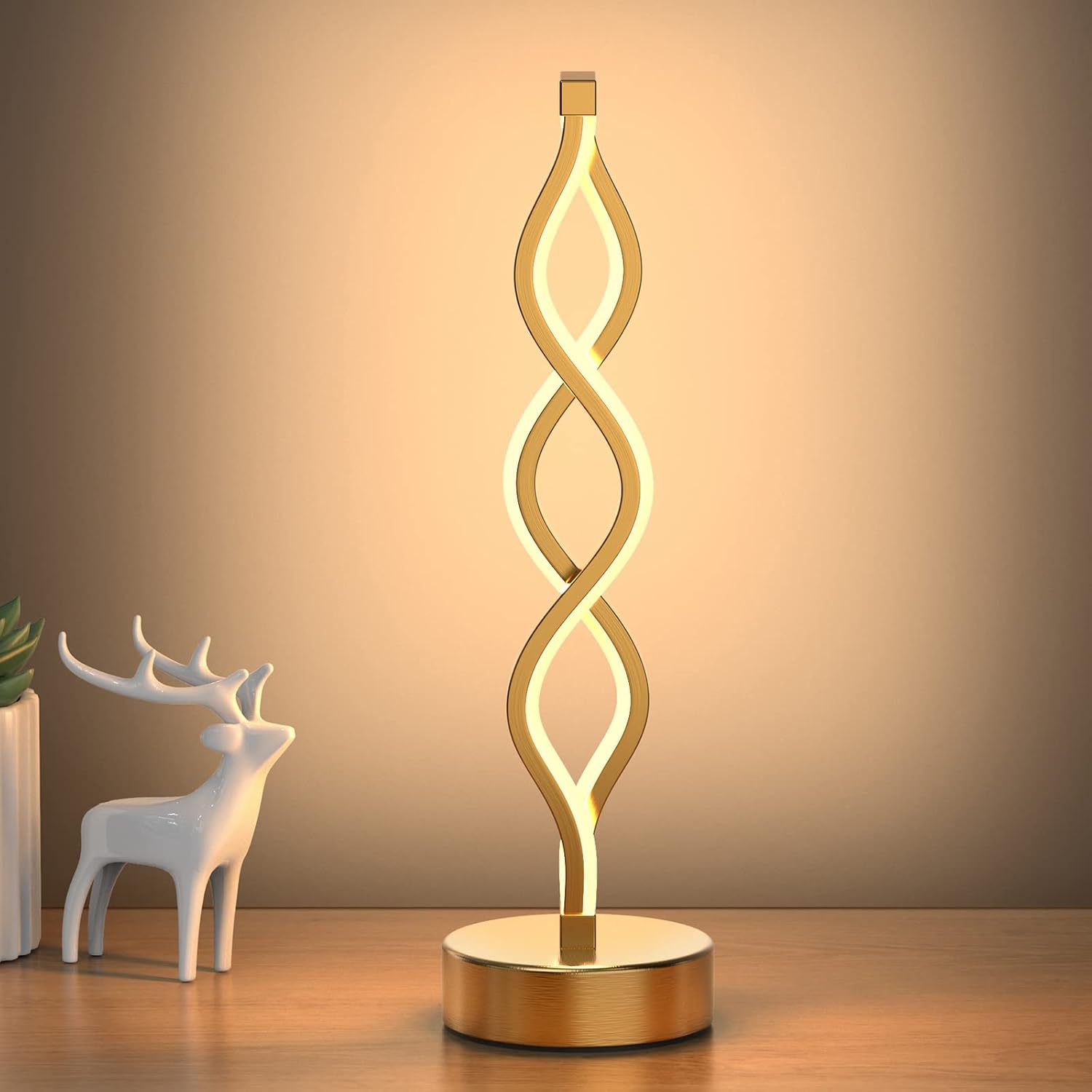 Złota spiralna lampa stołowa LED Infinity, lampa do sypialni, przyciemniana metalowa lampka nocna do salonu