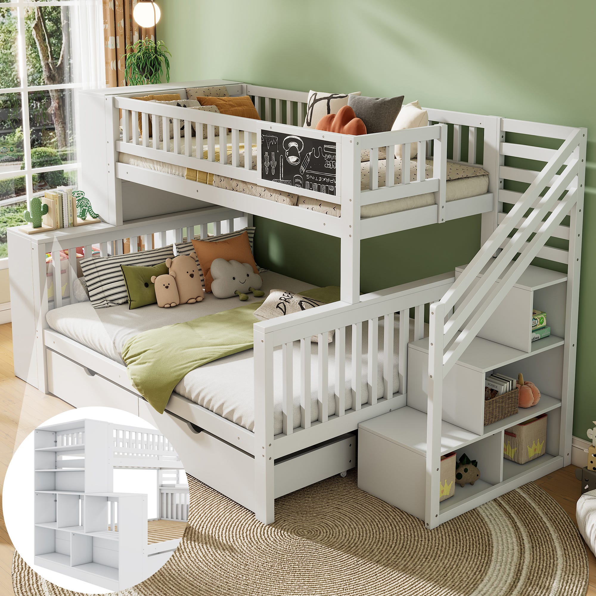 Litera Infantil De Madera Maciza Con Forma De Casa - 90x200 Cm, Con Cajones, Escalera Y Valla De Seguridad