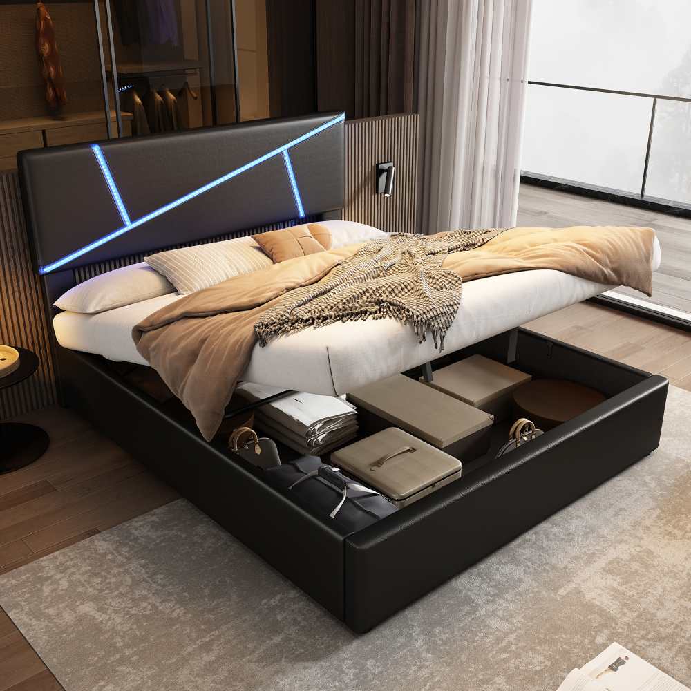 Łóżko dwuosobowe 90x200 cm z oświetleniem LED, czarną skórą syntetyczną, hydraulicznym schowkiem i wygodnym stelażem listwowym