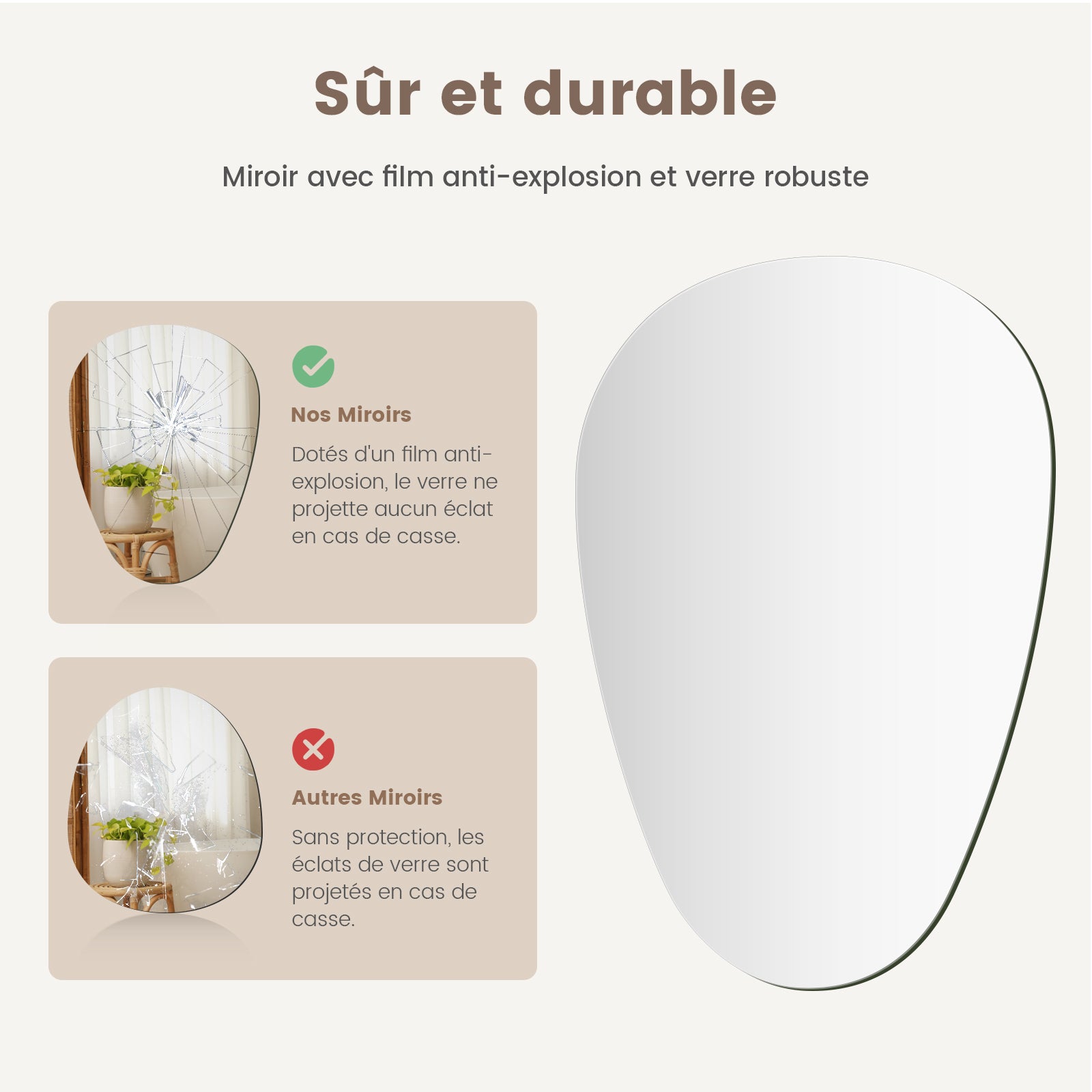 EMKE Miroir Mural en Forme de Larme 60 x 80 cm, Miroir Design Sans Cadre Suspendu Horizontal/Vertical pour Salle de Bain et Salon - 2