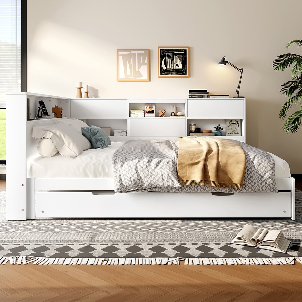 Rozkładana sofa 140 x 200 cm, z zagłówkiem i schowkiem, rozkładane łóżko, bez materaca, biała