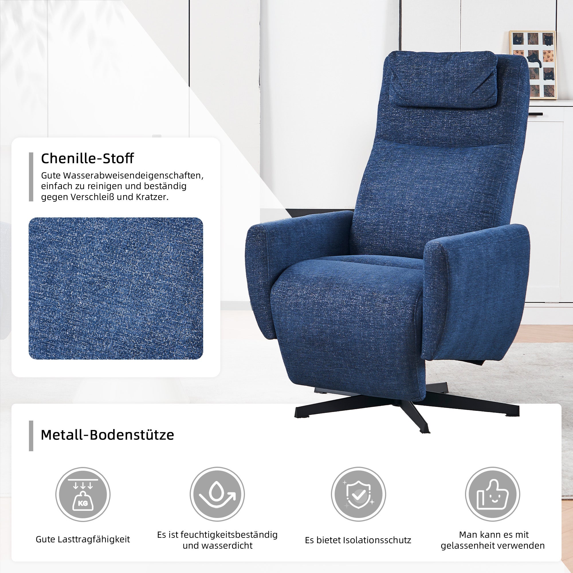 Fauteuil relax bleu avec repose-pieds, inclinable, pivotant 360°, fauteuil TV et lounge pour salon moderne - 6