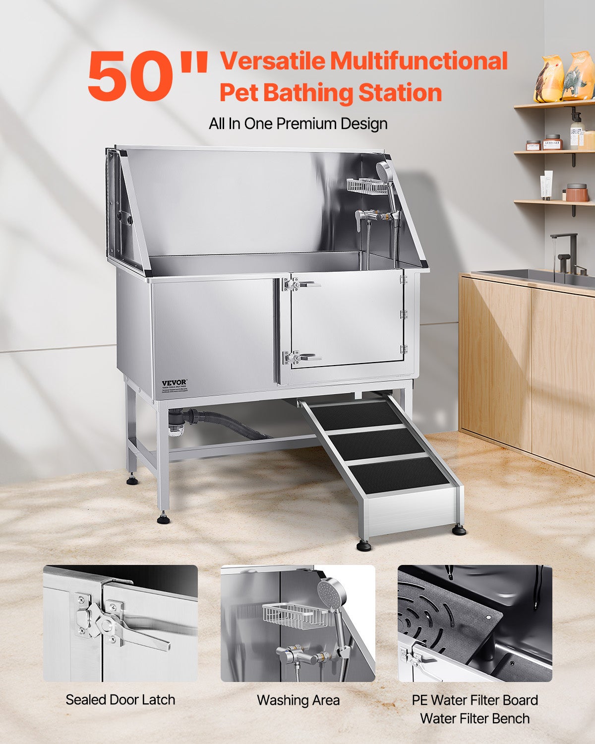 Banho para cães de aço inoxidável VEVOR, para animais de estimação Estação de lavagem para gatos de 127 cm, com corrimão, painel de filtro de água - 2