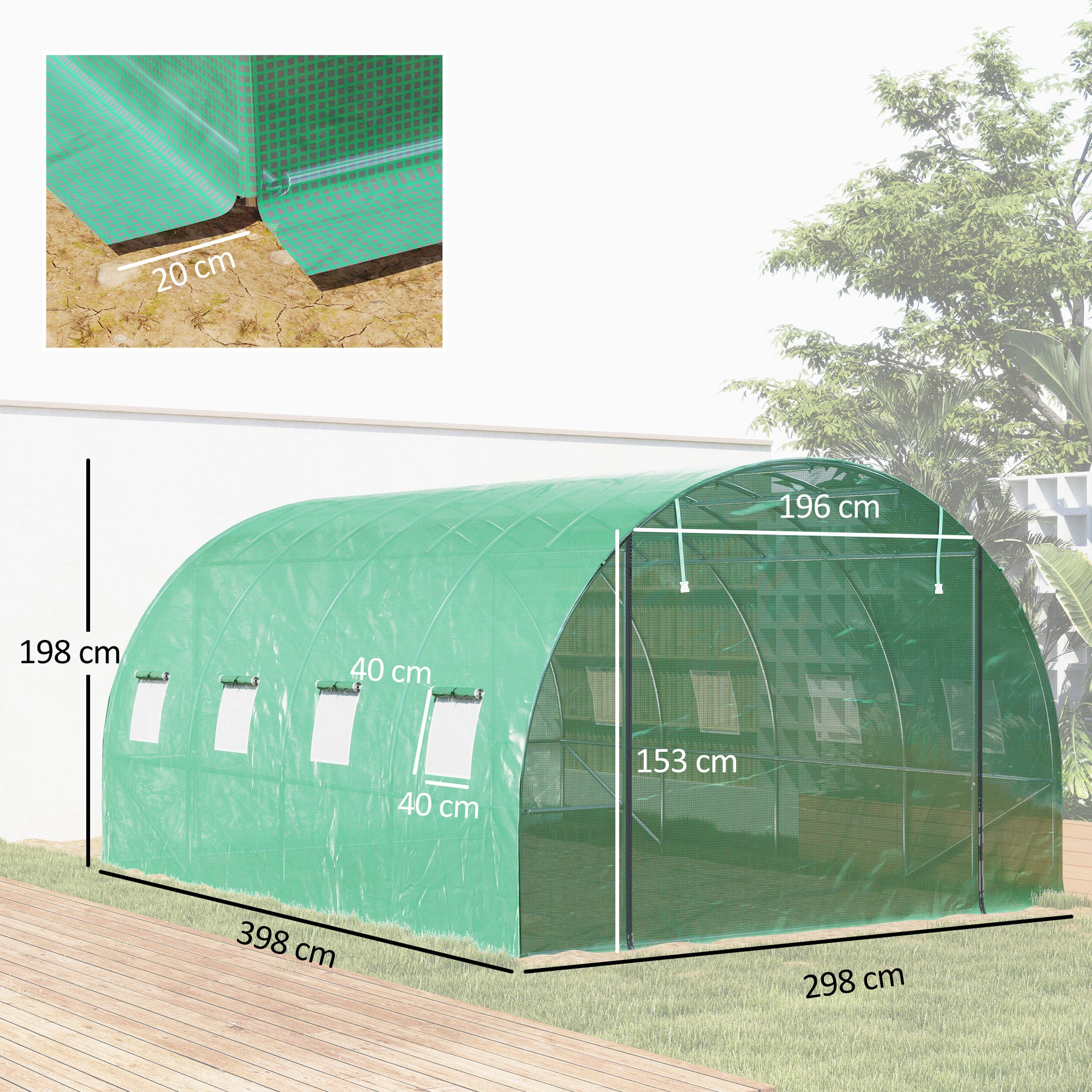 Serre tunnel en polyéthylène avec couverture plastique et structure en acier, tente de serre accessible à pied avec portes enroulables, verte - 4