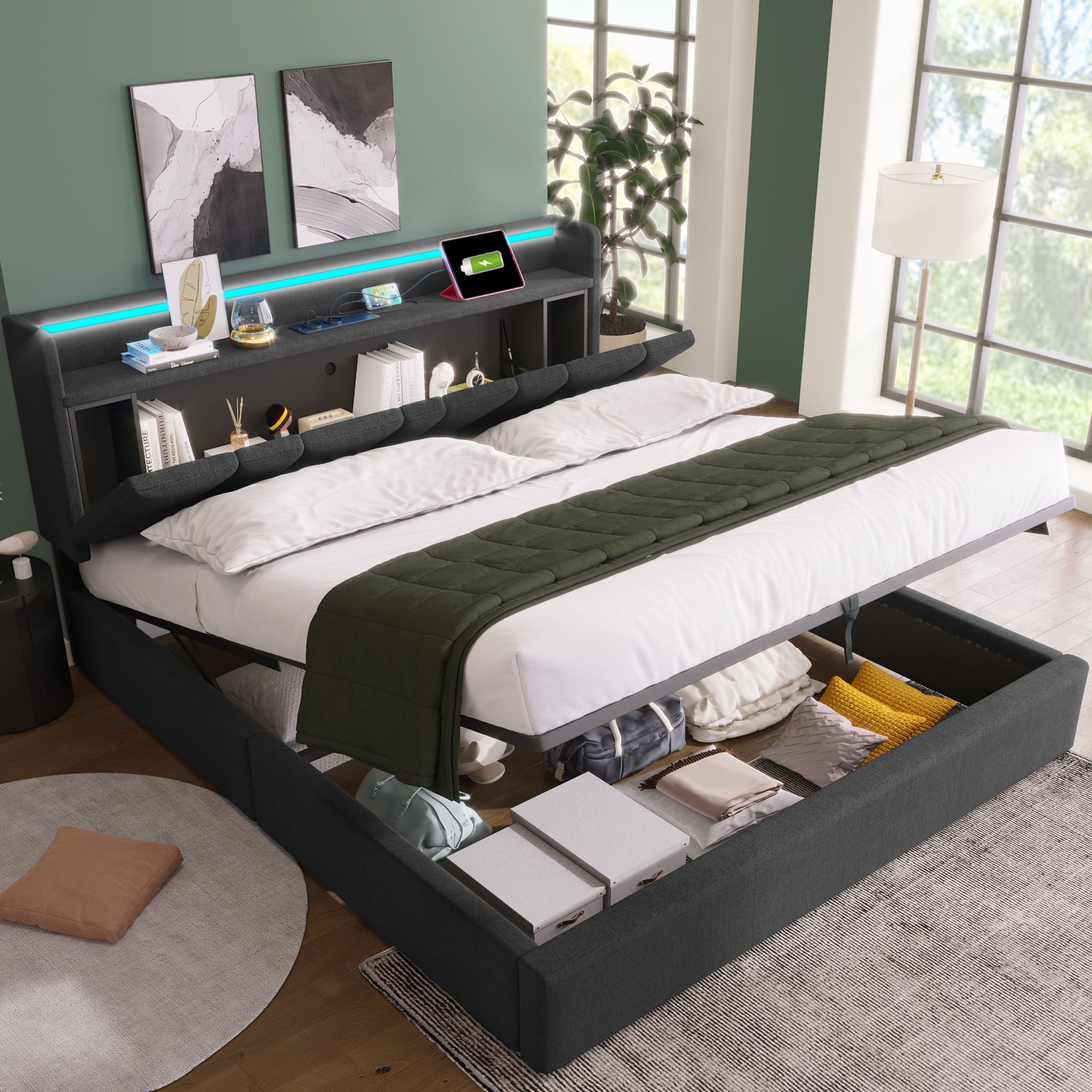 Lit Coffre 140x200 cm,Lit Double Gris avec Ports USB,Prises et Tête de Lit Rembourrée,Éclairage LED,Structure en Lin et Bois,Sans Matelas - 2