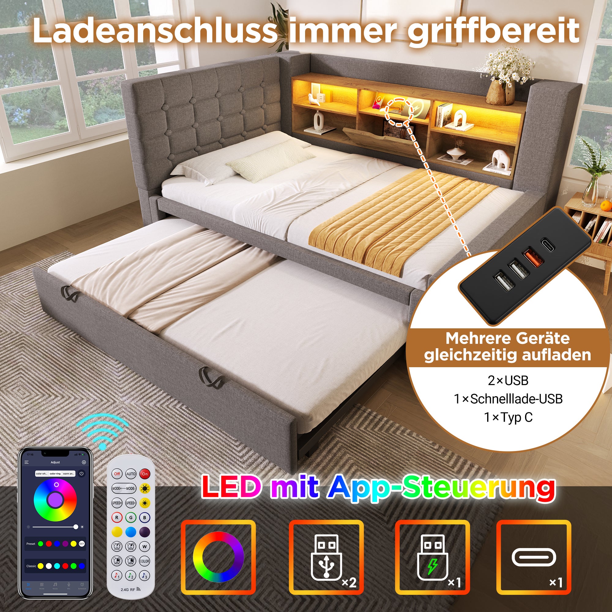 Łóżko wysuwane 90 x 200 cm + 90 x 190 cm z zagłówkiem w kształcie litery L i schowkami - LED - Tkanina lniana - Szary - 4