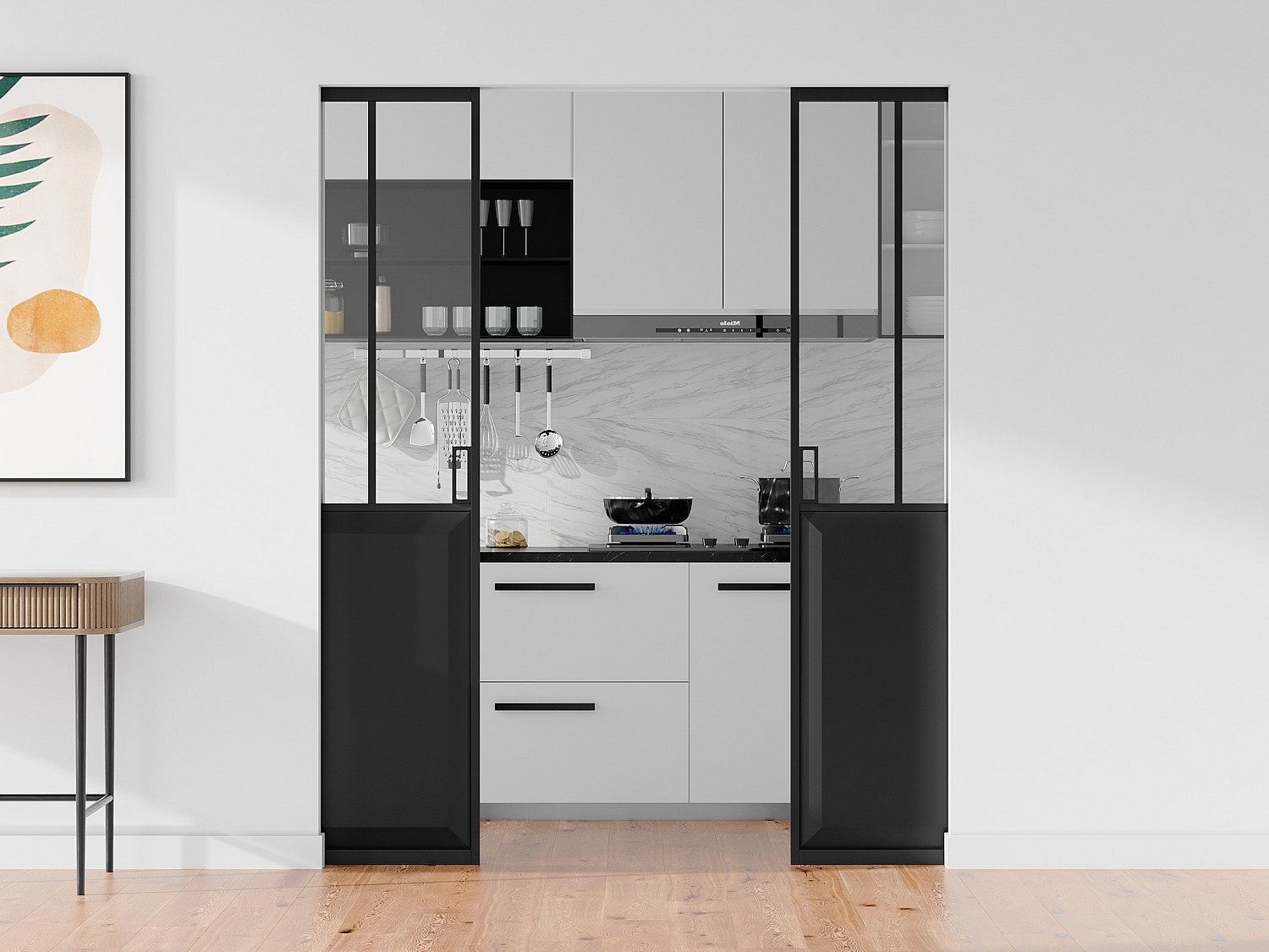 Porte coulissante double atelier avec système à galandage - Noir et verre trempé - 2 x H205 x L83 cm - ARTISTO II - 2
