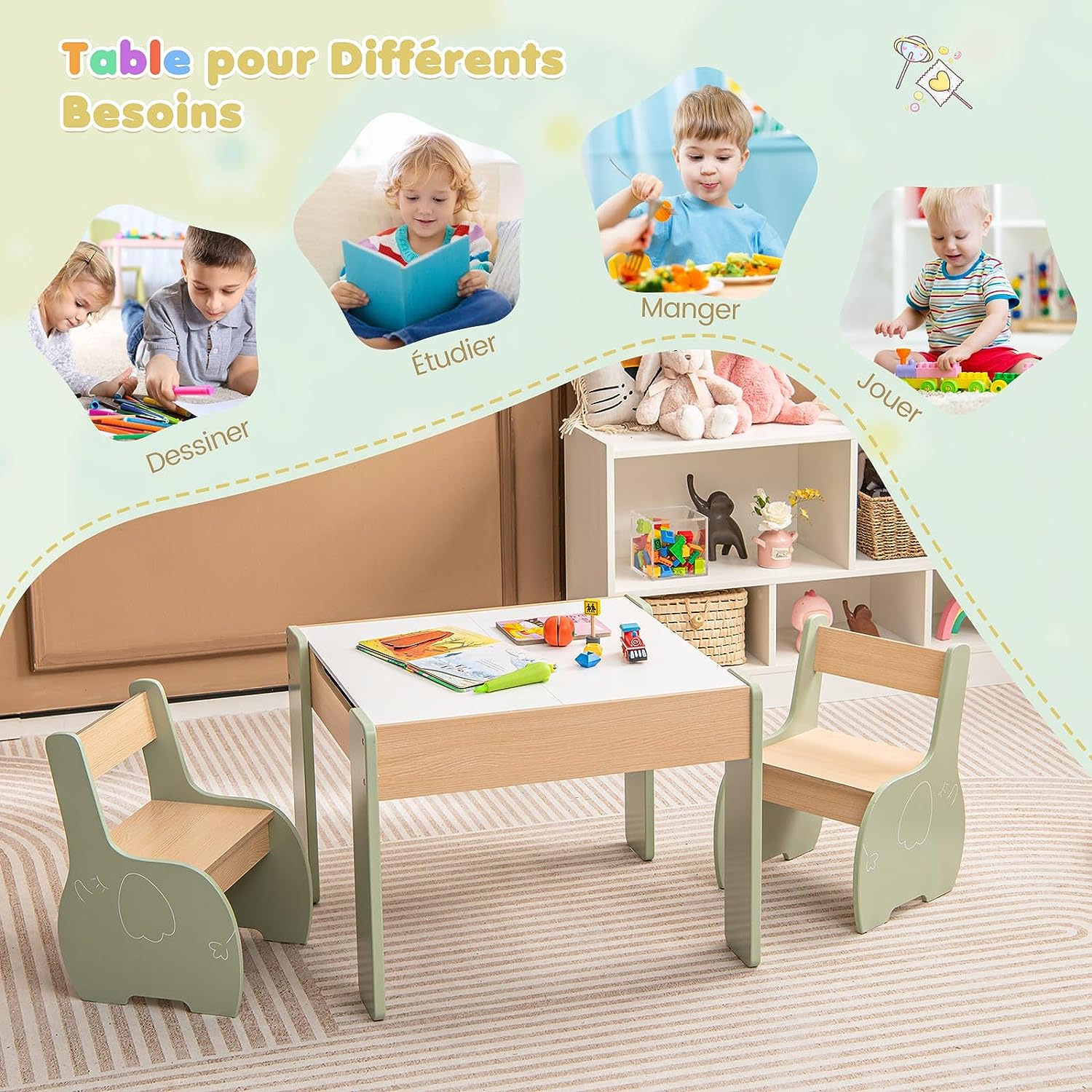 Table Enfants avec 2 Chaises et Tableau Amovible, Espace de Rangement, Bureau pour Dessiner Jouer, Charge 30kg pour 3-6 Ans, Vert - 3