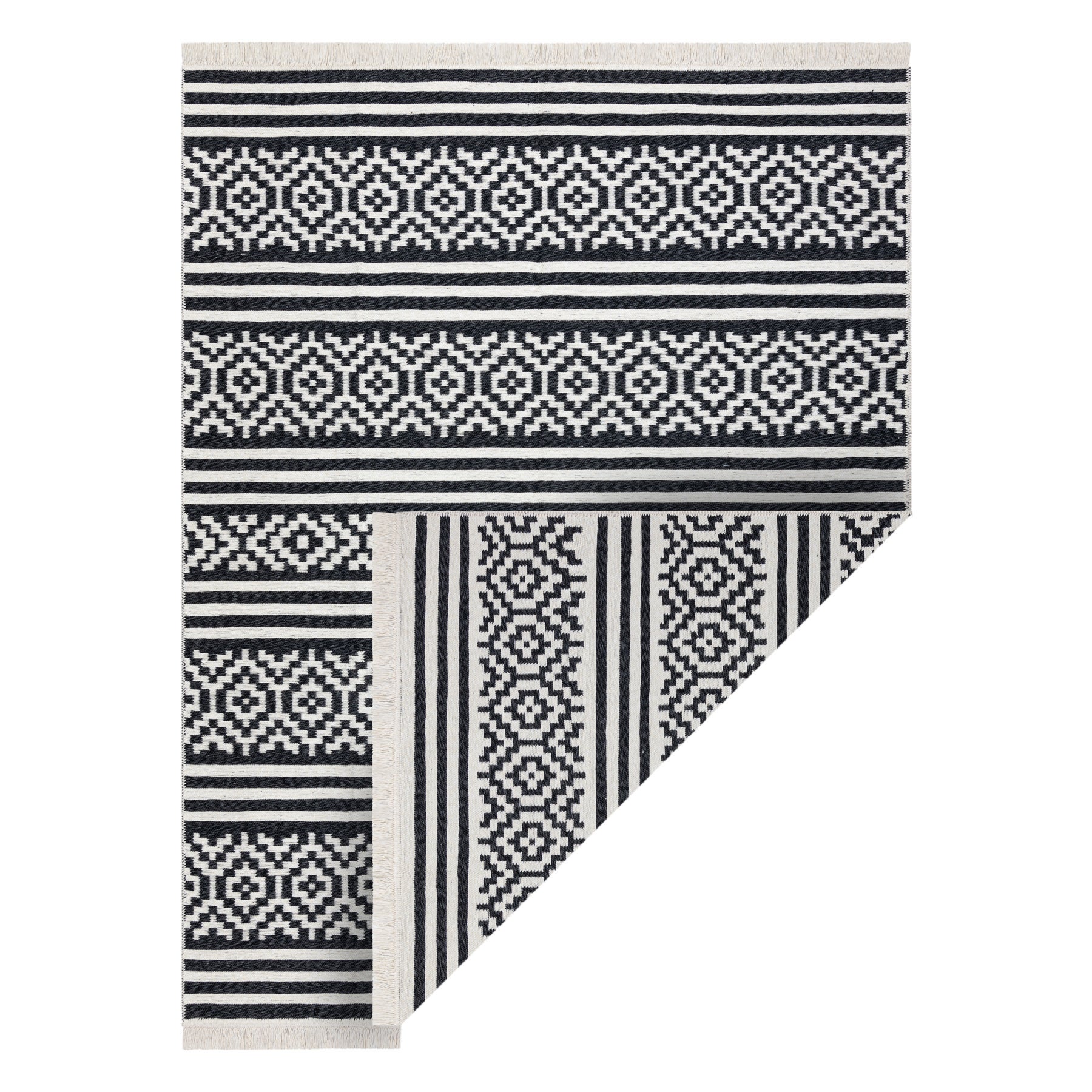 Dywan TWIN 22996 Geometryczny, pasy bawełna, dwustronny Ekologiczny frędzle - czarny / krem 120x170 cm