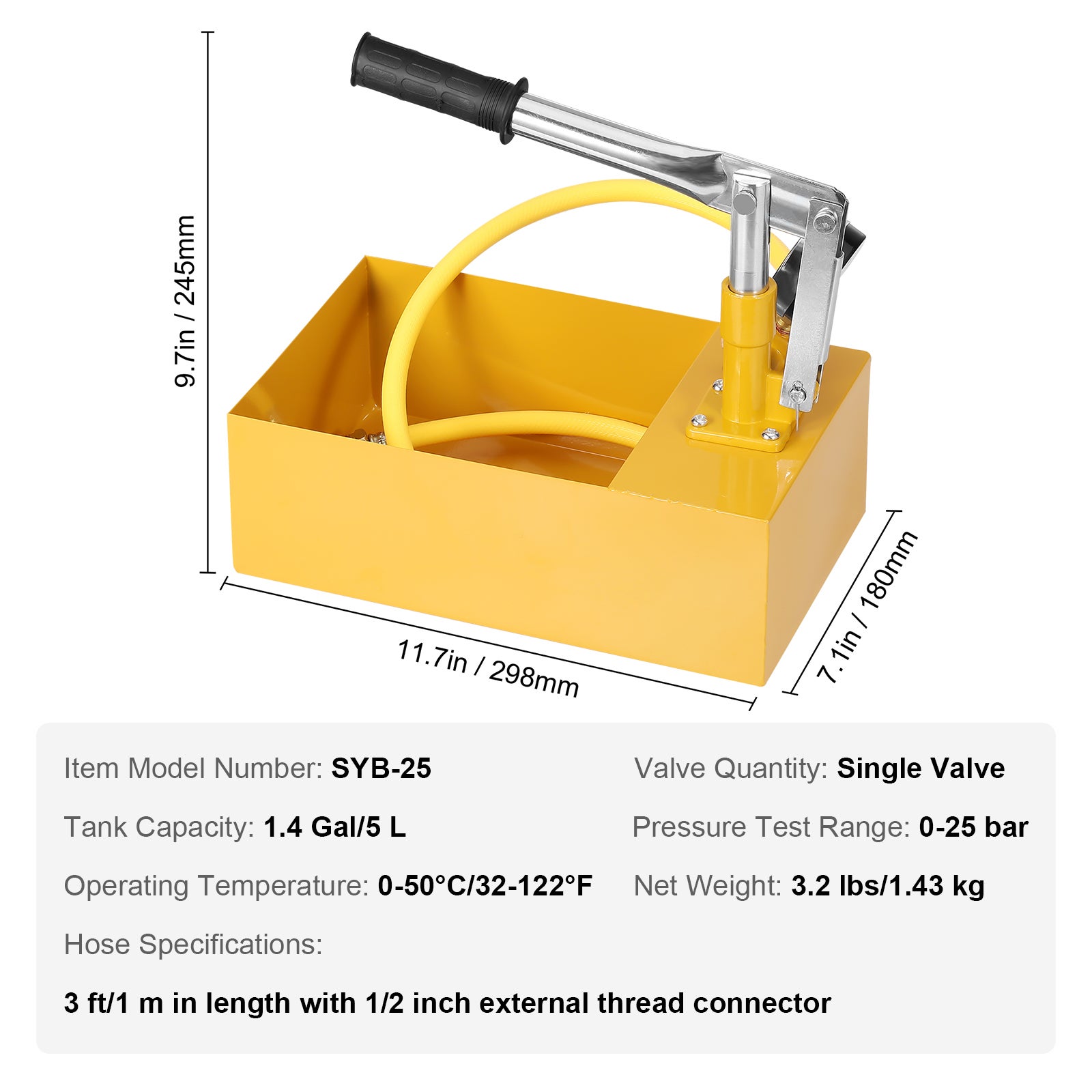 Pompe de Test Hydrostatique VEVOR 25 bar Kit Testeur de Pression d'Eau Manuel Hydraulique à Valve Unique avec Réservoir d'Eau 5 L Tuyau 1 m Connecteur - 7