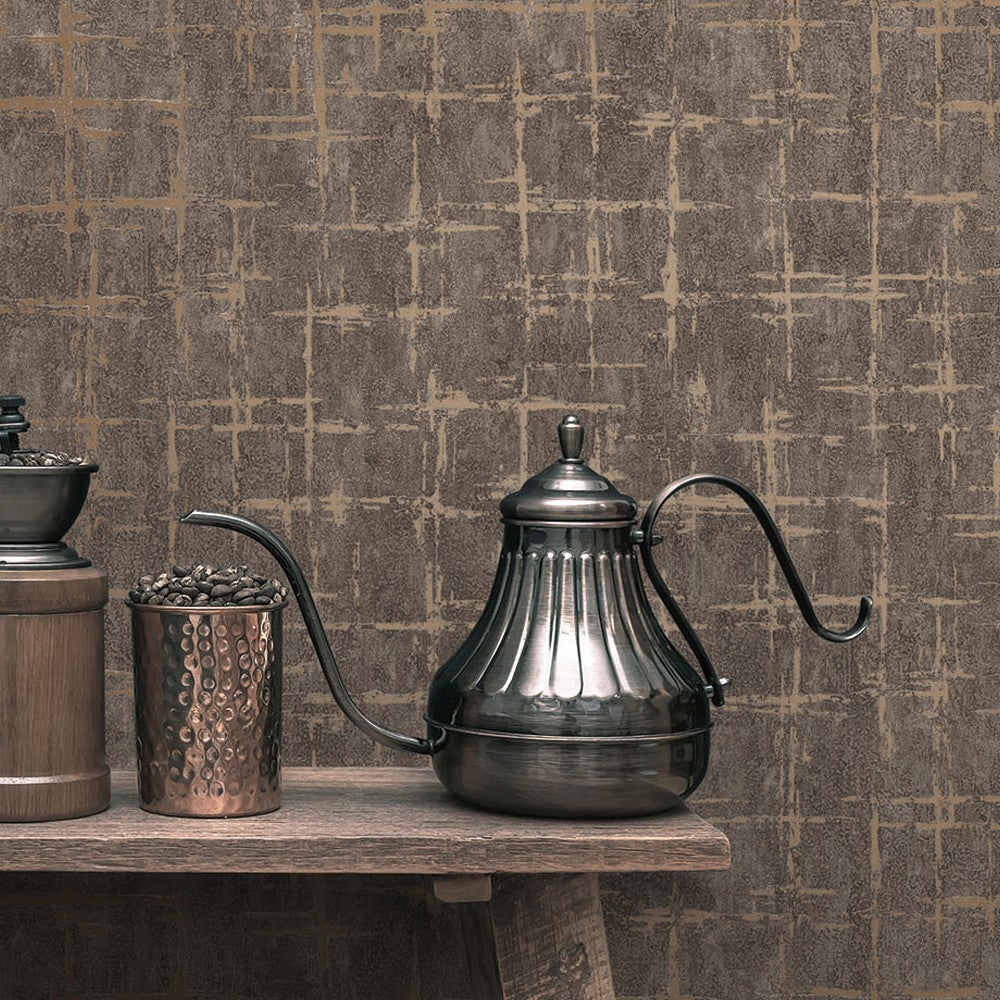 Papel pintado vinílico moderno marrón con textura y toques metalizados en relieve - moma lines 679147 de gaulan - rollo de 10 m x 1,06 m