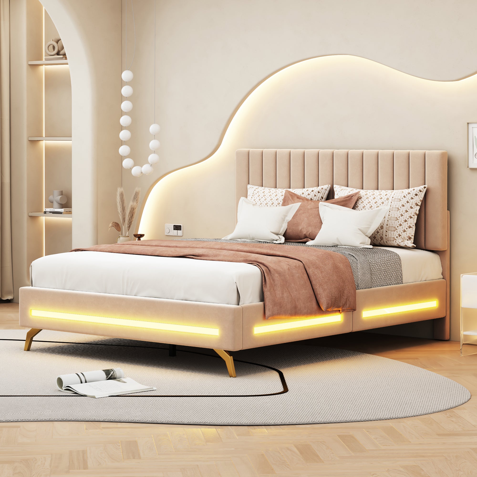Lit capitonné 140 x 200 cm avec tête de lit réglable - velours - LEDs ...