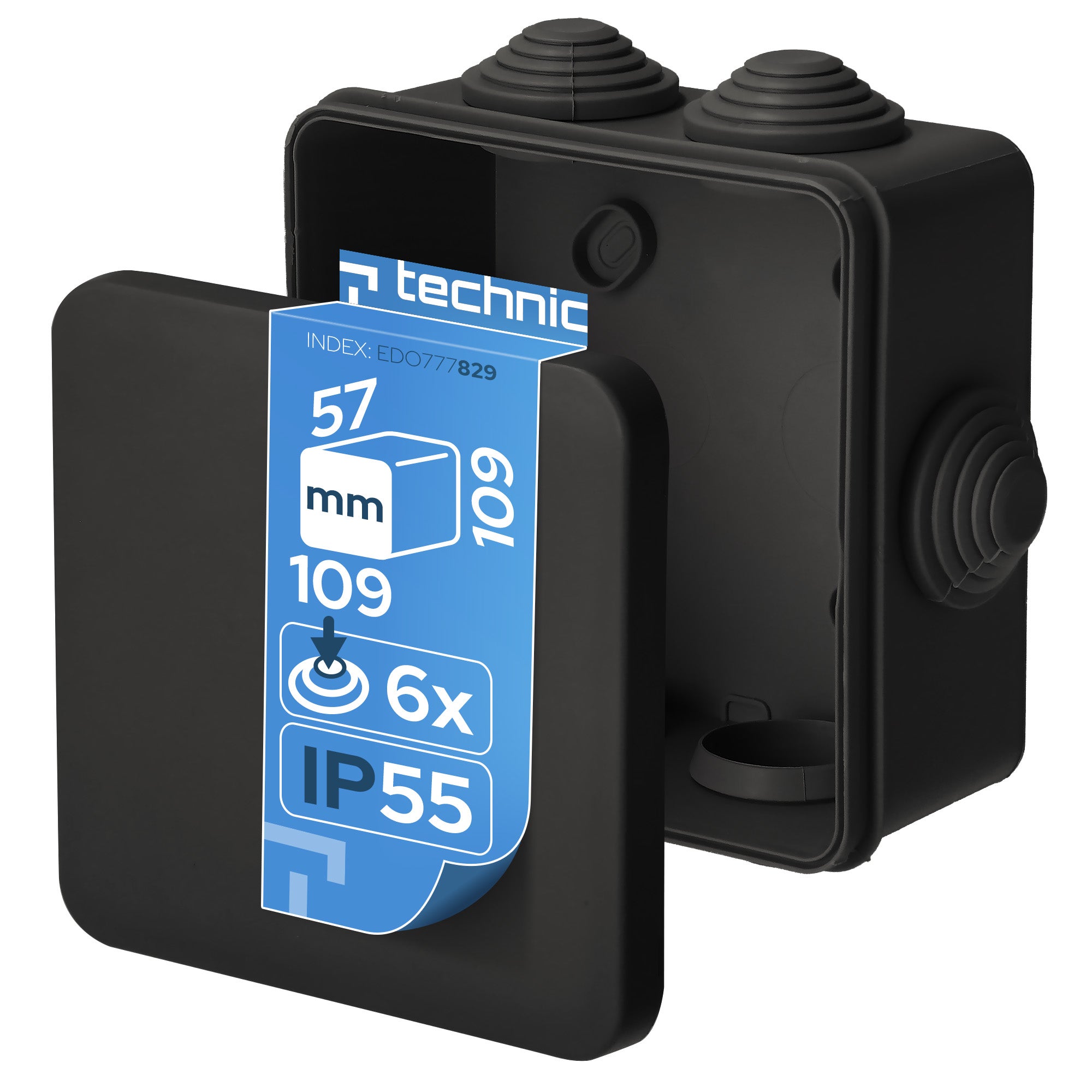 Puszka hermetyczna natynkowa 109×109×57 mm z dławikami zamknięcie na klik IP55 czarna EDO TECHNIC