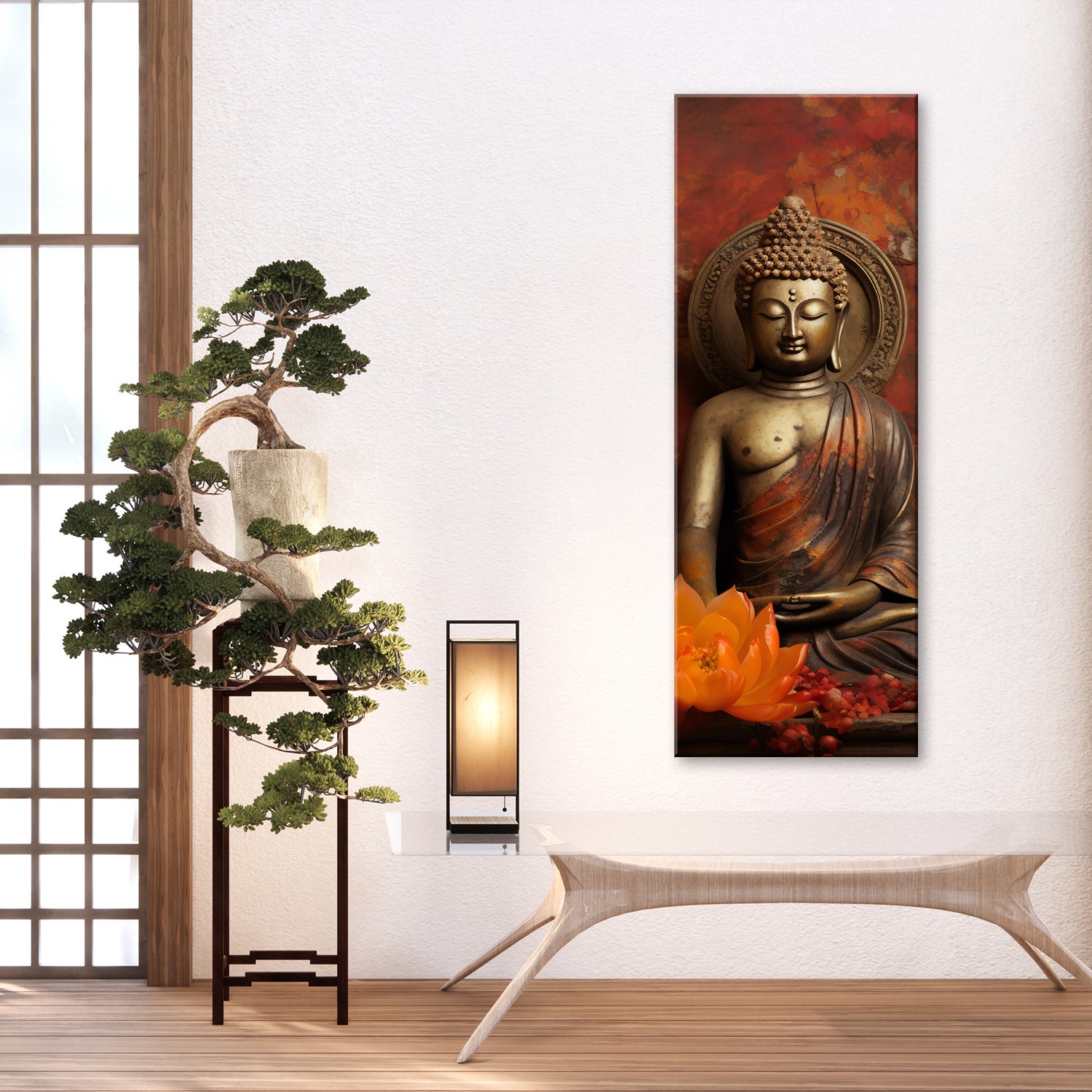 Tableau sur toile Bouddha méditant et fleurs 30x90 - 2