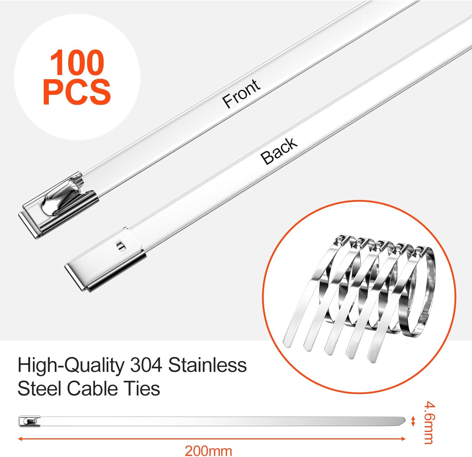 100 Colliers de Serrage en Acier Inoxydable 200 mm - Autobloquants pour Câbles, Échappement, Clôtures et Rangement - 2