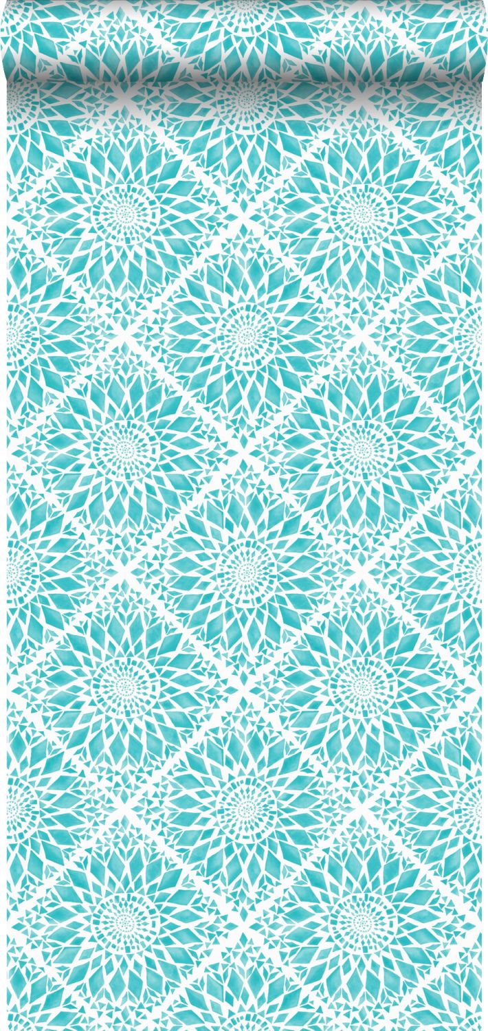 Papel pintado motivo de azulejos turquesa - 53 cm x 10.05 m - estahome