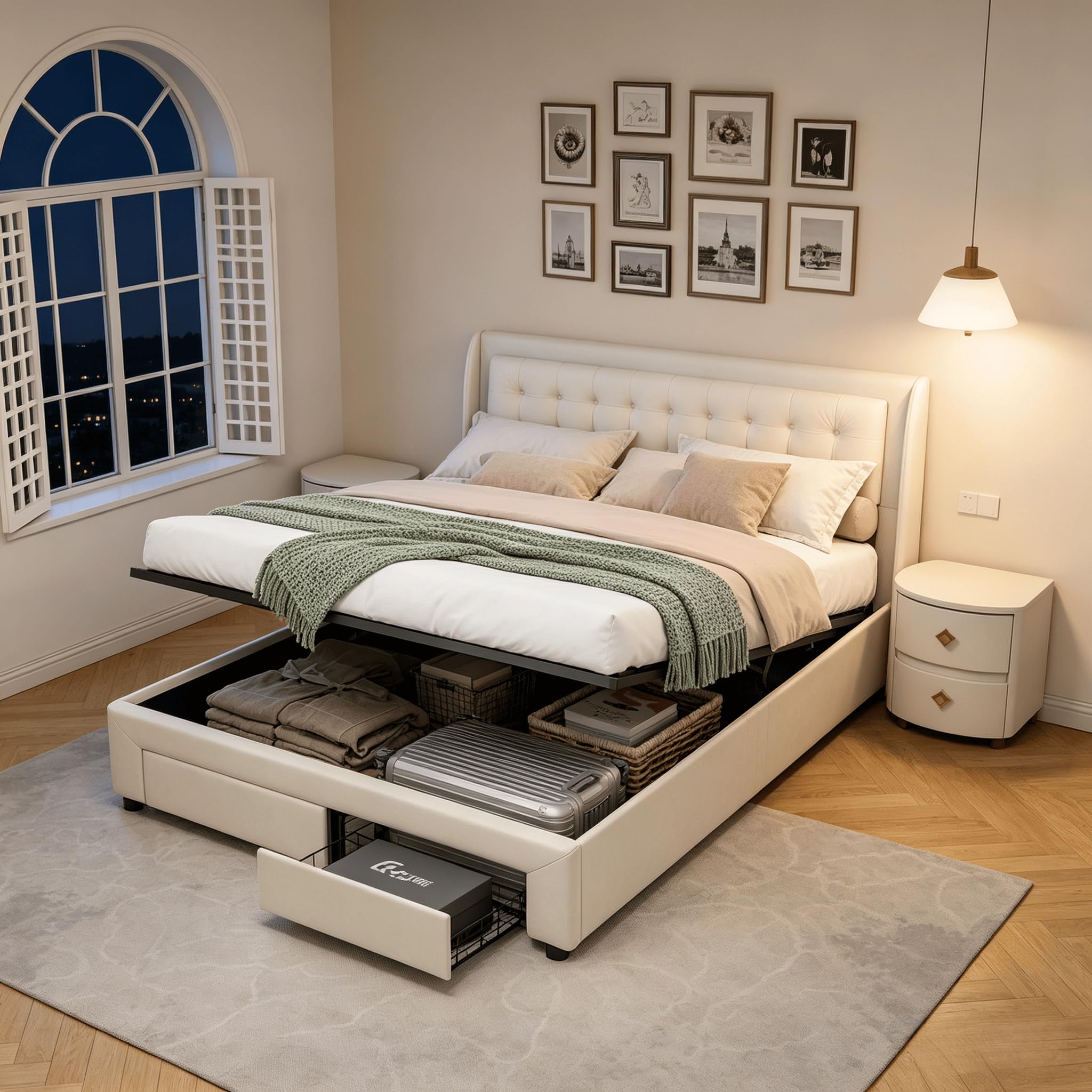 Lit Coffre 140x190 avec Sommier avec 2 Tiroirs, Lit Double avec LED, Tête de Lit Capitonnée, Grand Rangement Hydraulique et 2 Tiroirs, Velours Beige - 7