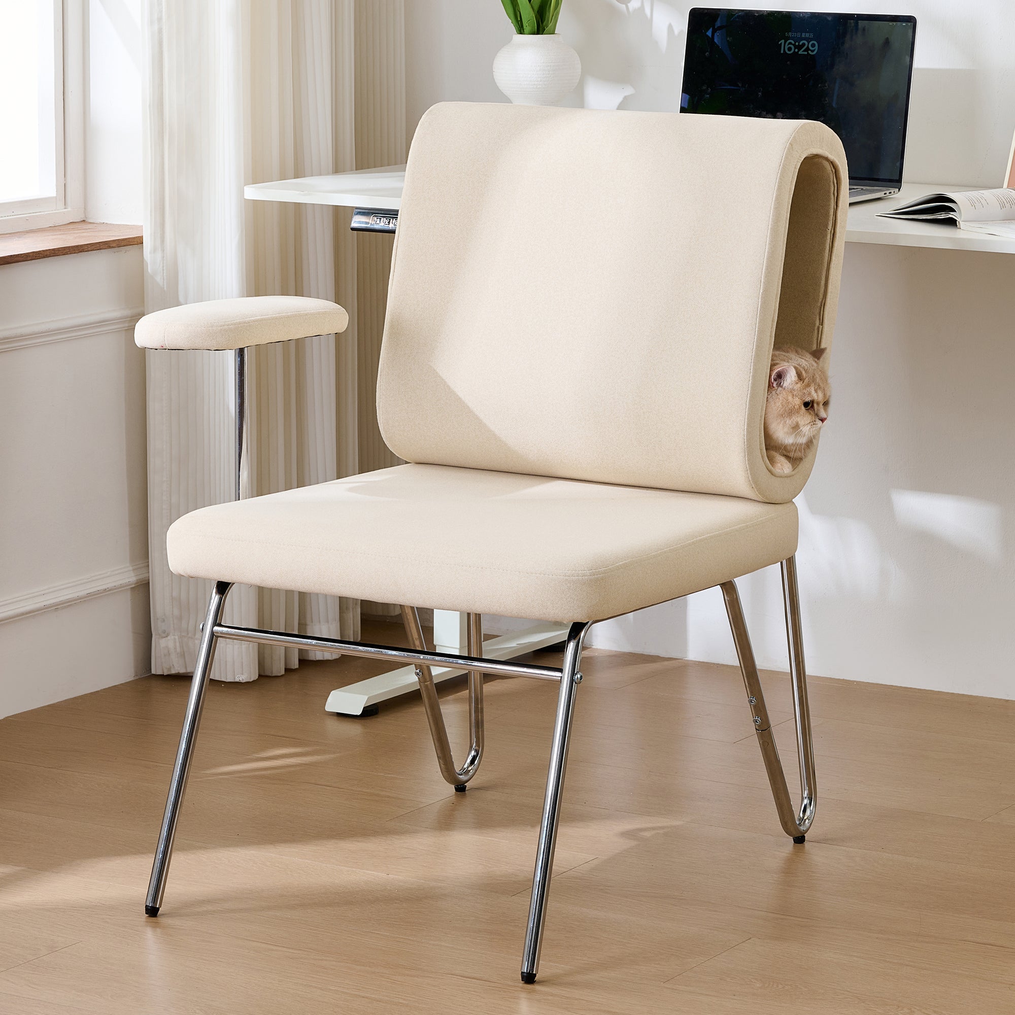 Chaise de bureau 57x58x89cm, siège large, Dossier ergonomique, niche pour chat intégrée, Tissu+Acier+Bois, Beige - 2