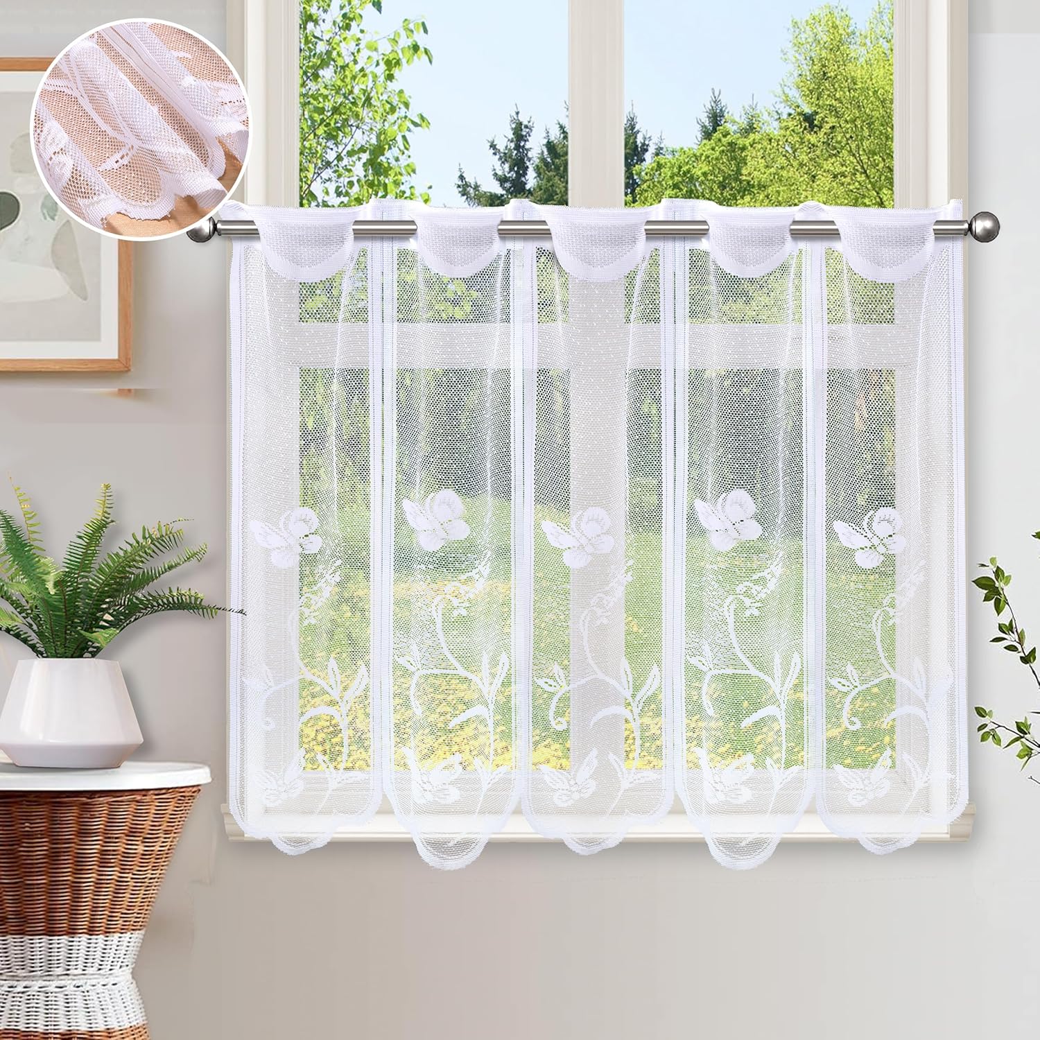 Lot de 3 rideaux brise-bise transparents brodés avec passants rouge coquelicots type 710[251
