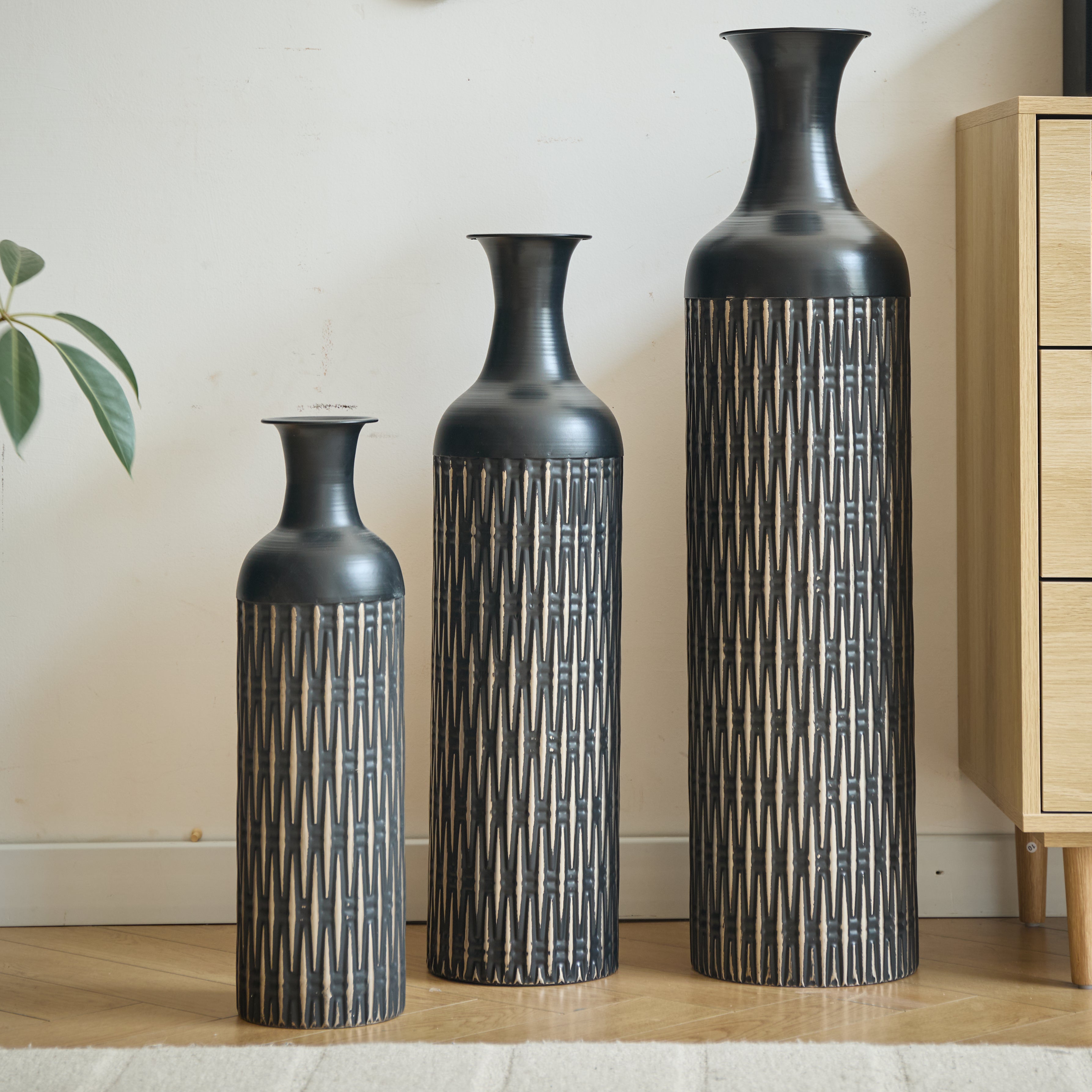 Lot de 3 Grands Vases de Sol Cache-Pot Industriel Rainuré 50/66/83 cm Métal Noir - 8
