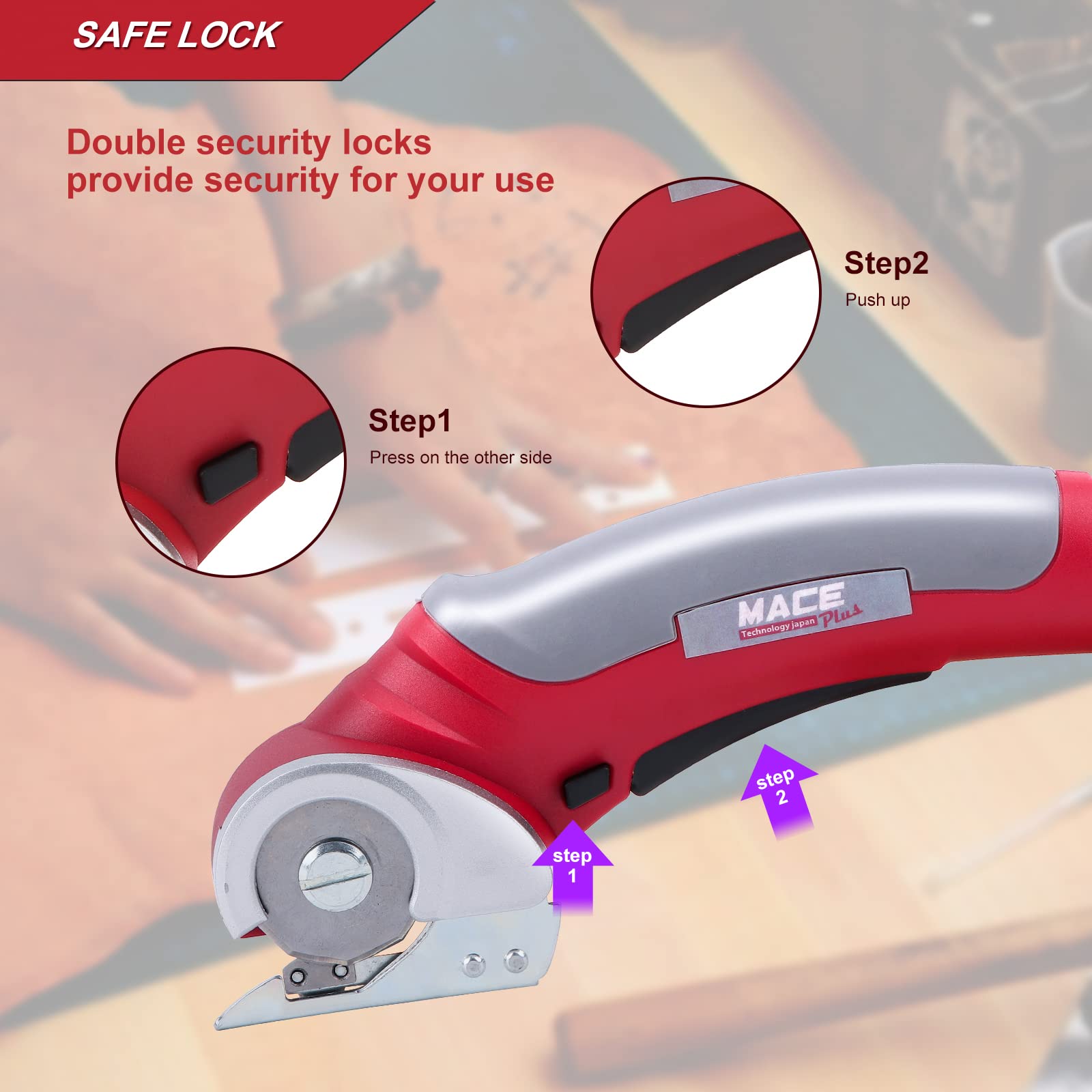 Tesoura de costura elétrica rotativa com fecho de segurança, pode cortar cartão, couro, alcatifa, plástico, vermelho - 7