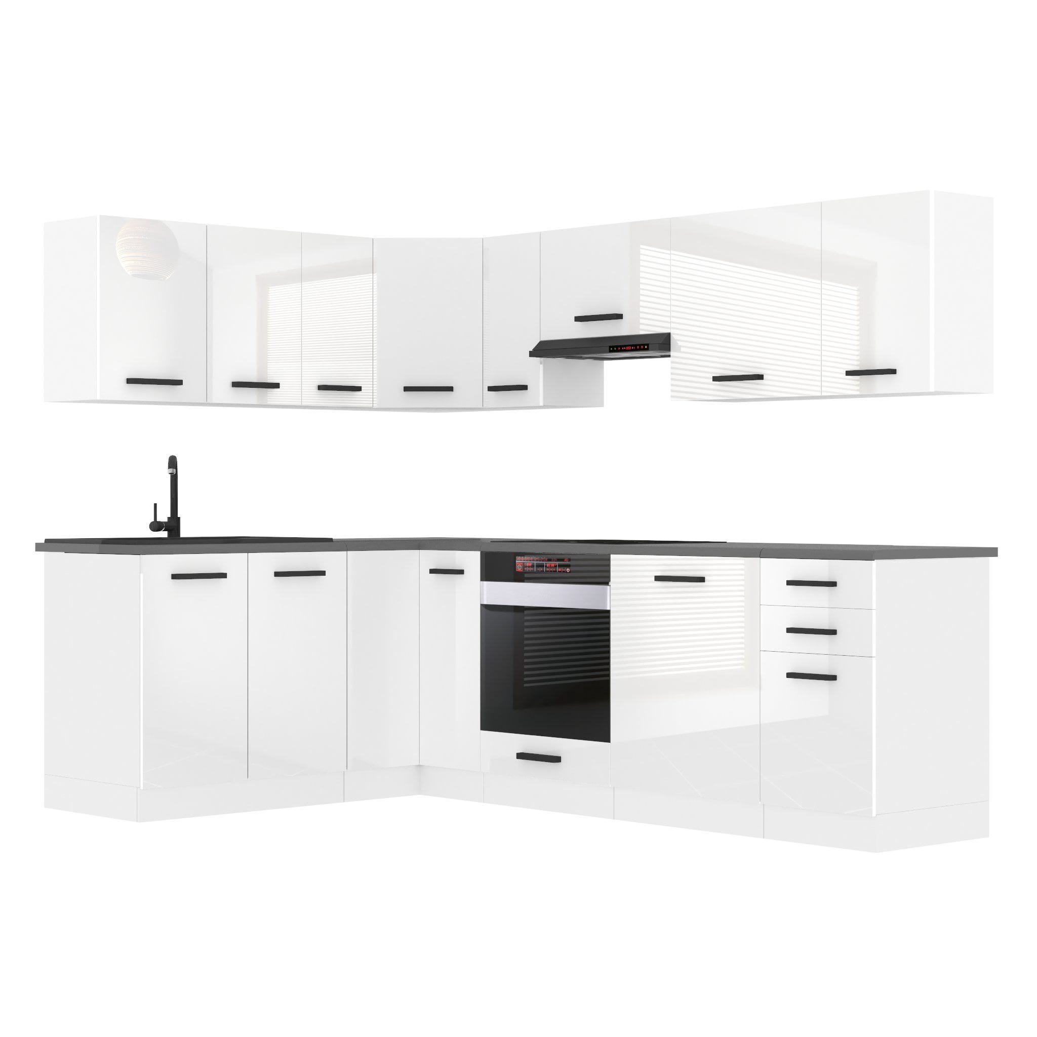 Cuisine en angle R-Line Noir brillant/Blanc 247x60cm , PT Chêne Vicco Cuisine en angle R-Line Noir brillant/Blanc 247x60cm , PT Chêne Vicco