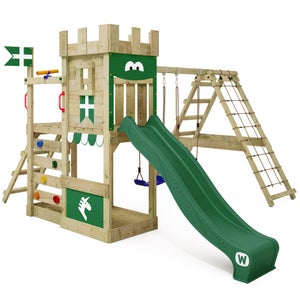 WICKEY Aire de Jeux DragonFlyer avec balançoire & Toboggan Bleu, Tour d'escalade pour Enfants avec bac à Sable, échelle & Accessoires de Jeu pour Le Jardin