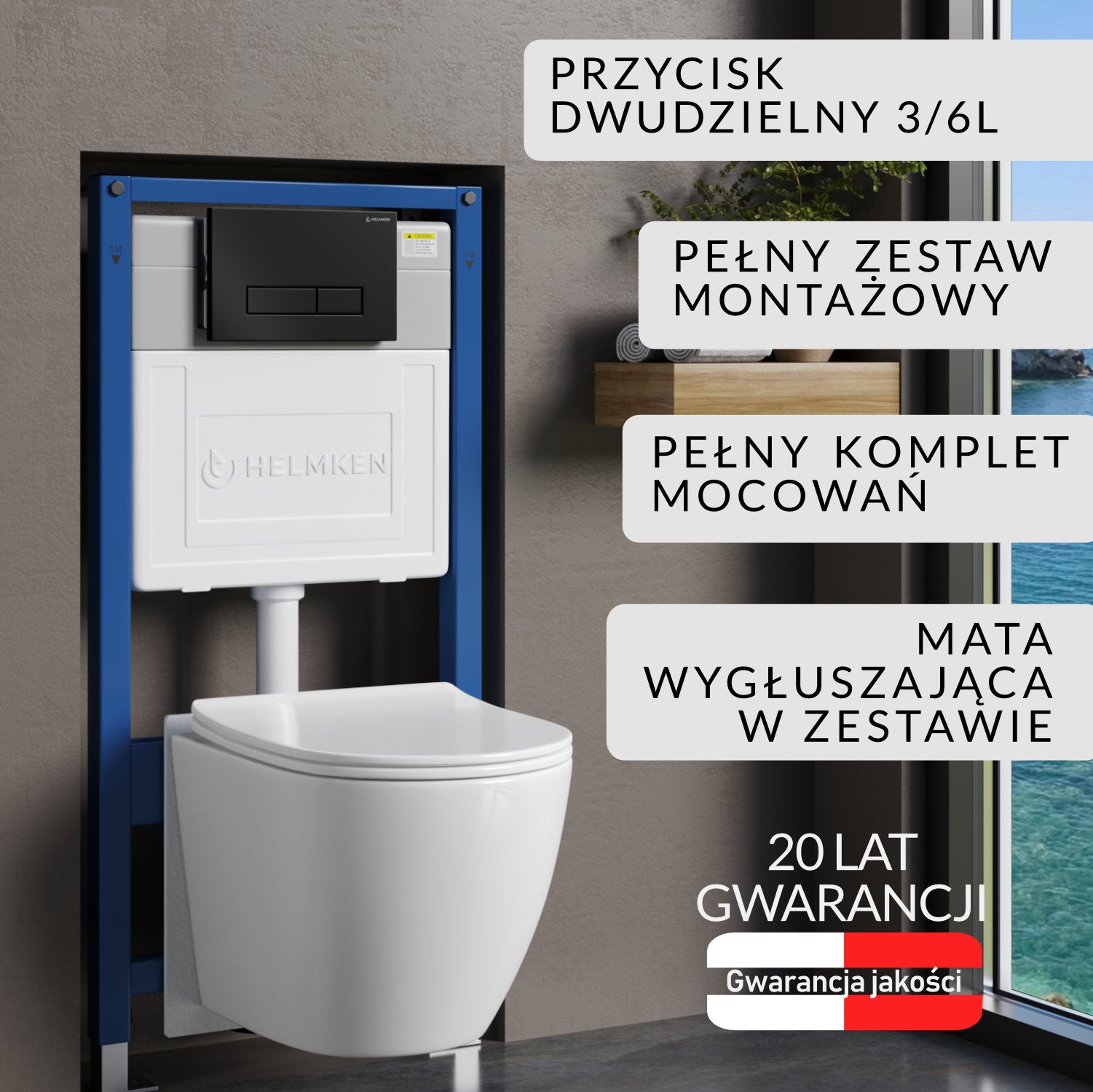 Stelaż podtynkowy WC Helmken 35490101 Zestaw 5w1: Czarny Mat Przycisk HD, Miska bezkołnierzowa Rimless, Deska wolnoopadająca, Mata