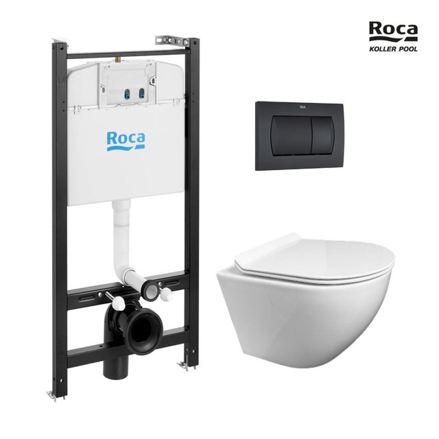 ROCA Active pack cisterna empotrada y pulsador Negro Mate con inodoro suspendido TORNADO ROUND de KP blanco Tapa fina