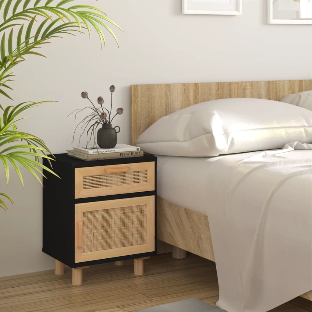 Comodino Moderno In Legno Con Cassetto In Rattan – Stile Minimal, Colore Nero, Facile Da Montare - 2