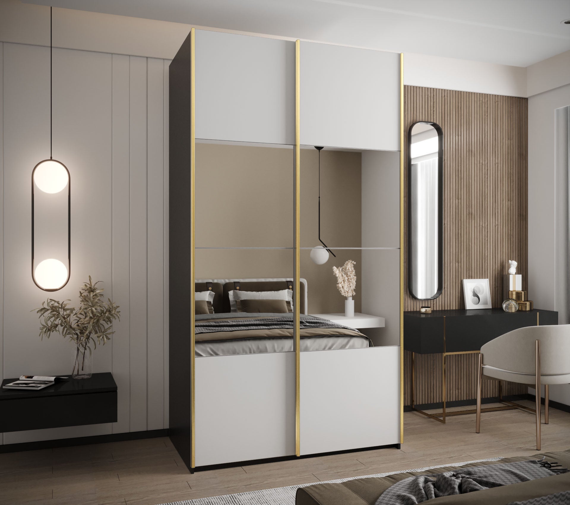 Szafa przesuwna wysoka Lux 4 140 x 64 x 245,5 cm czarny + biały + u. złoty - Abiks Meble - 2
