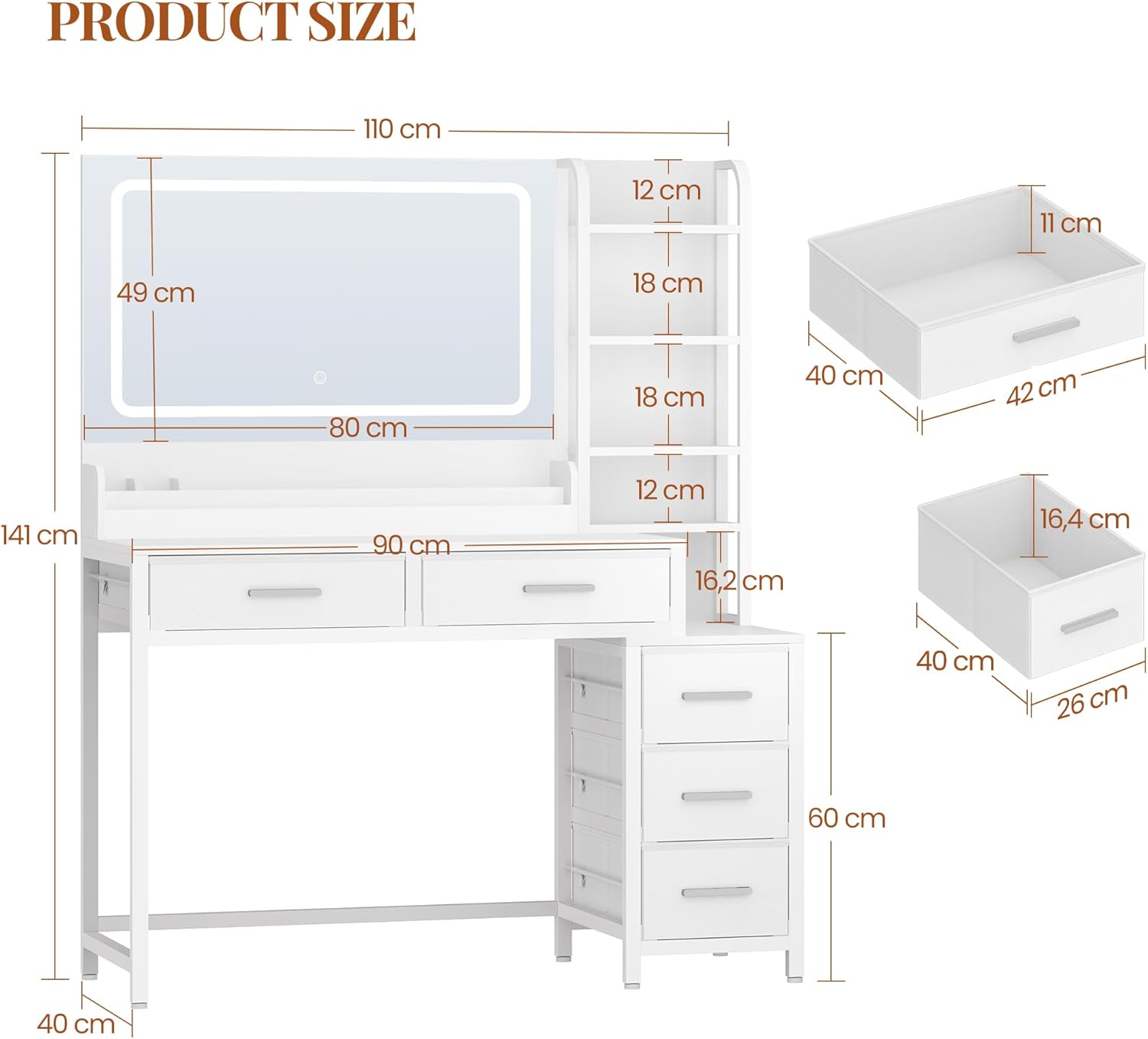 110 cm Coiffeuse avec Miroir, Table de Maquillage avec Éclairage LED, Luminosité Réglable, 3 Couleurs, 5 Tiroirs et 5 Compartiments Ouverts, Blanc - 8
