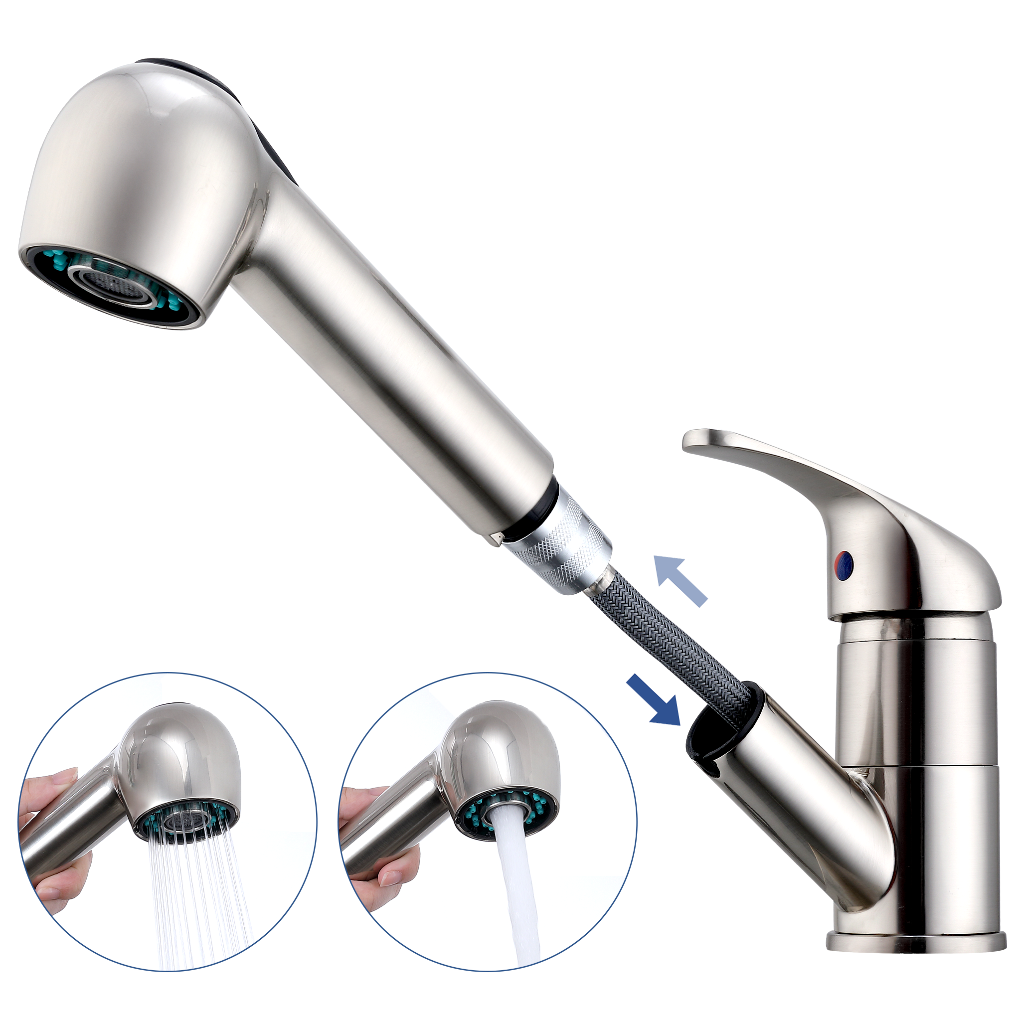 Bateria kuchenna ze szczotkowaną wyciąganą słuchawką prysznicową, bateria kuchenna z wyborem 2 natrysków, wysokiej jakości bateria Acie