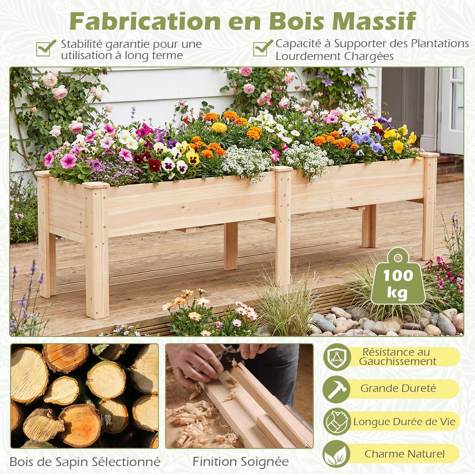Jardinière avec 2 Zones de Culture, Bac à Fleur Surélevé en Bois de Sapin Plateaux Amovibles Séparation Trou de Drainage, 240 x 43,5 x 51,5CM, Naturel - 2