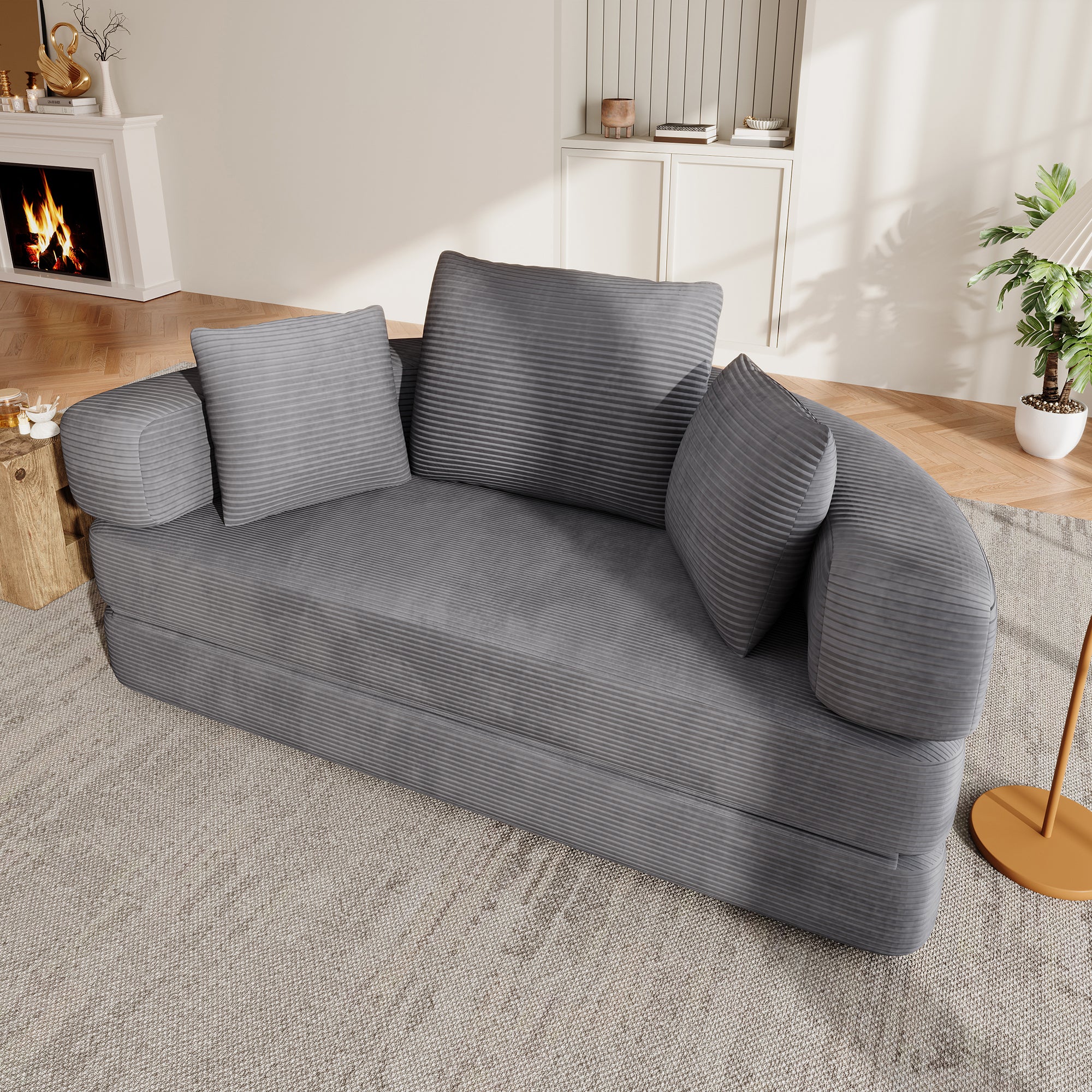 Canapé convertible 2 places rond multifonctionnel, canapé lit pliant en velours côtelé avec 3 coussins, canapé modulaire (173 x 176 cm) - Gris - 5