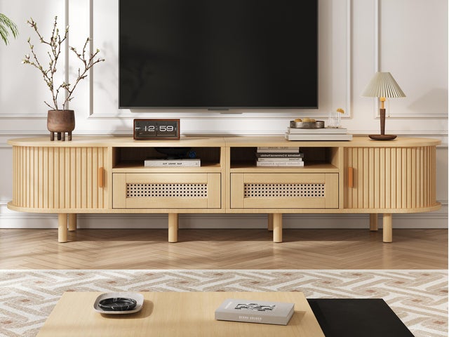 Stolik pod TV 170x40x40cm - z 2 szufladami rattanowymi - 2 drzwiami przesuwnymi - MDF - Naturalny