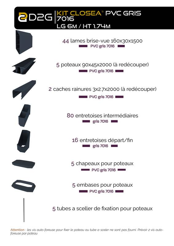 Kit cloture - Lame 16cm - PVC Gris - LG: 6m x H: 1m74 - 4