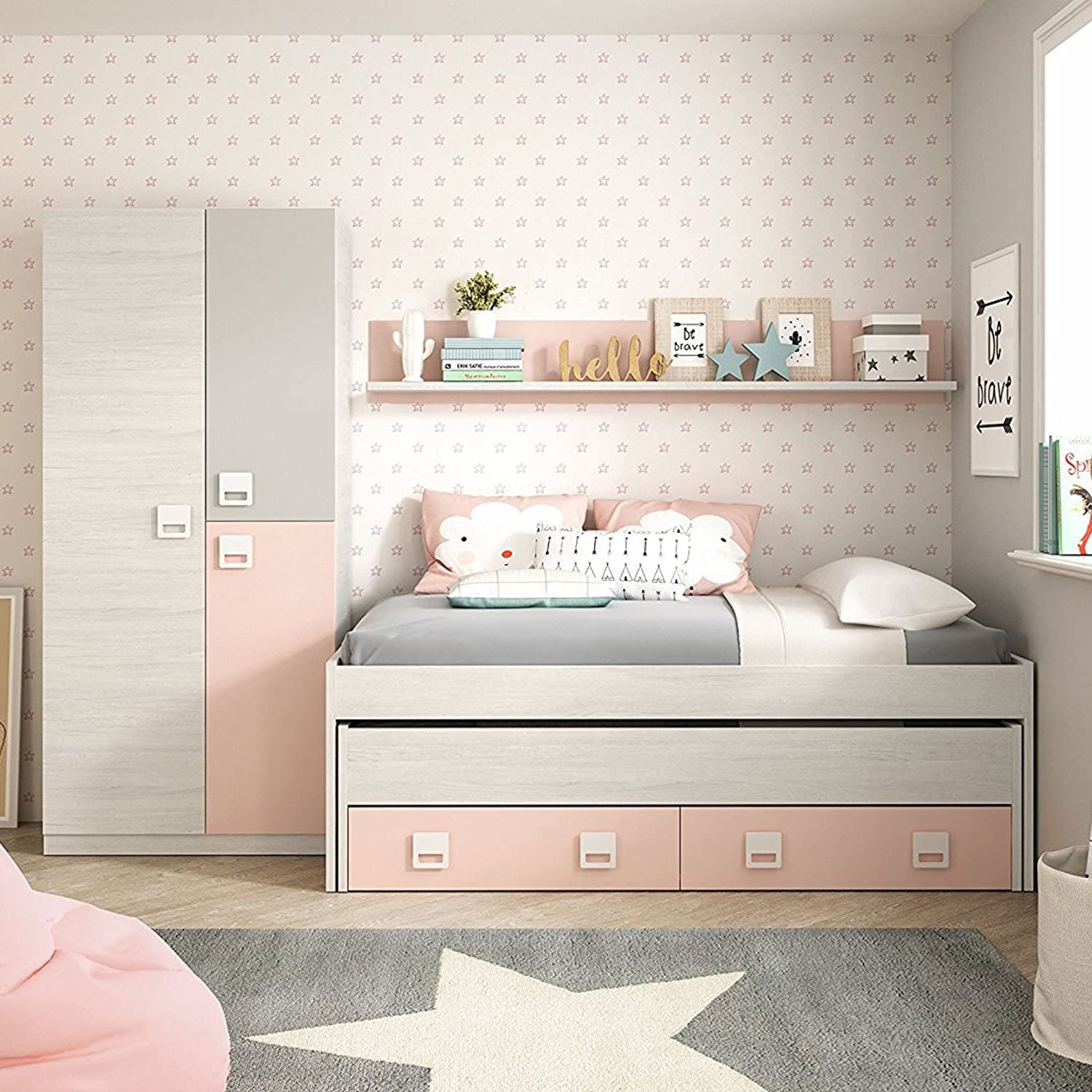 Mobelcenter - Cama Nido con cajones y estantería Nube Infantil Juvenil - Blanco y Rosa Pastel - Ancho 199cm x Altura 69cm x Fondo 96cm - 0983 - 4