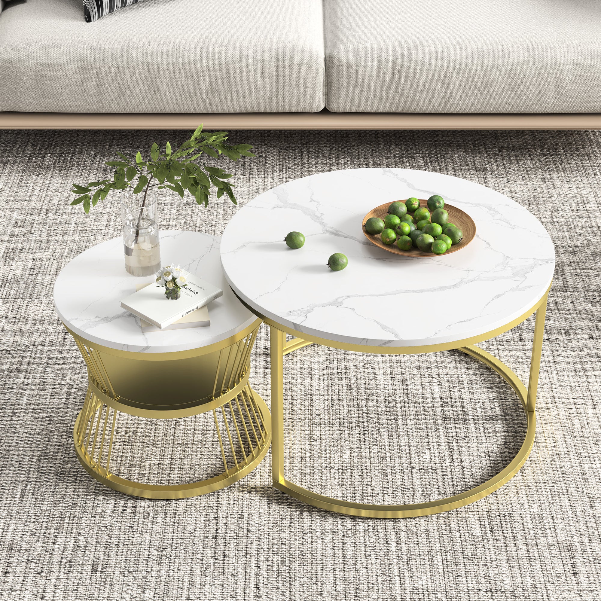 Ensemble de 2 Tables Basses Rondes, Tables Gigognes de Salon Modernes avec Pieds en Métal Doré, Blanc et Or(70 x 45.5cm) - 3