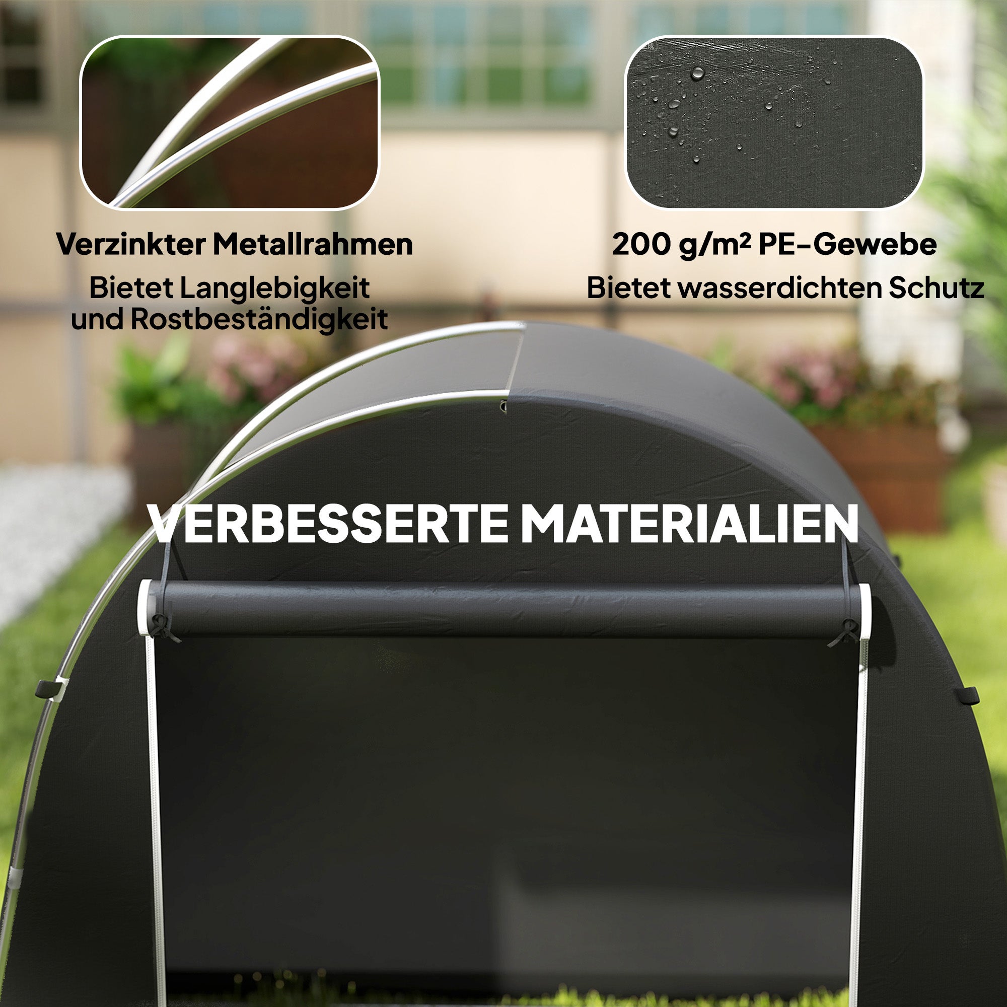 Cabanon de jardin portable, tente à vélo, porte éclair roulettes, cadre métal, housse plastique, rangement polyvalent, gris foncé - 6