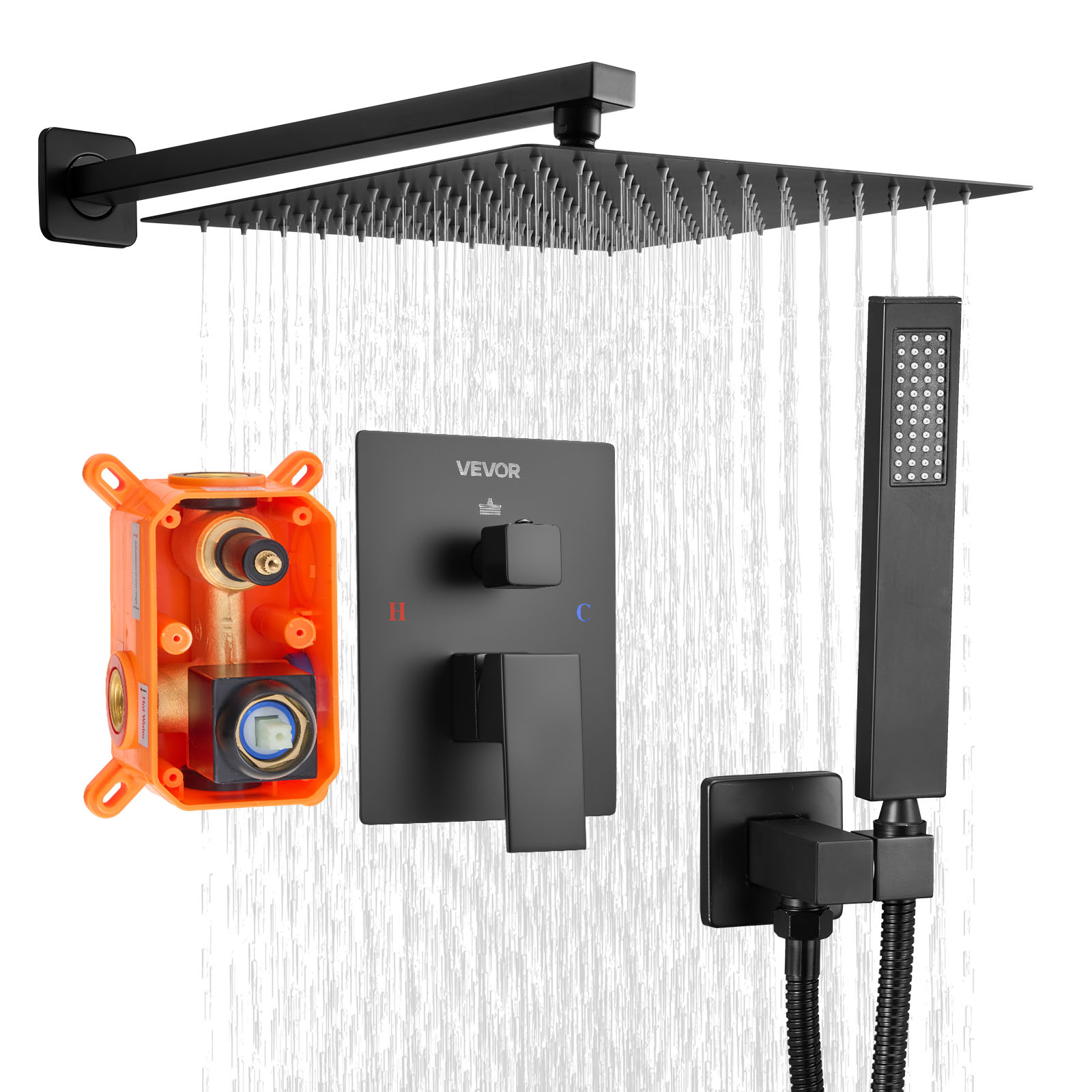 Bateria natryskowa VEVOR z kwadratową deszczownicą 305 mm, matowa czerń
