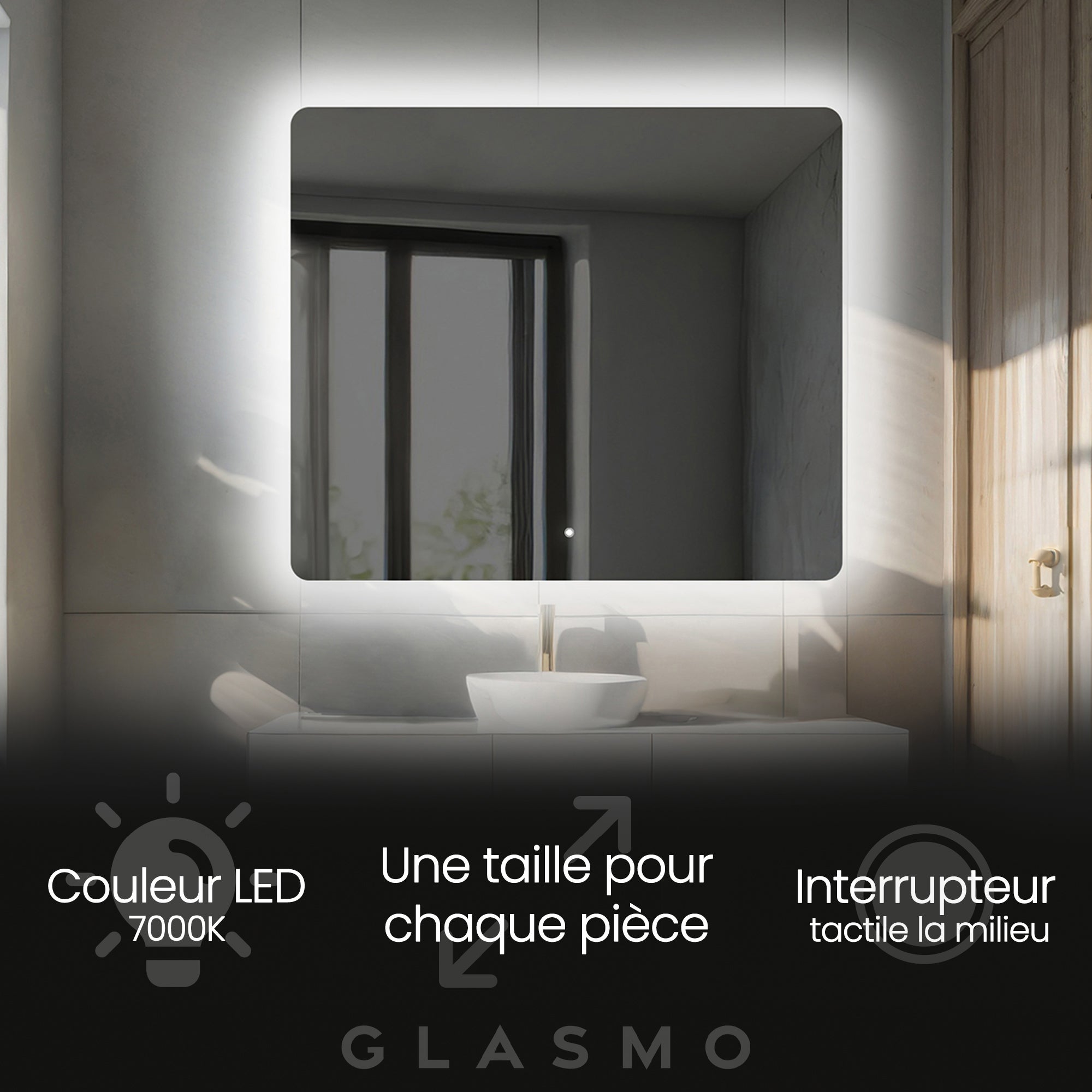 Miroir de salle de bain lumineux - Miroir 120x60cm rectangulaire - Miroir LED salle de bain z Interrupteur Tactile- Blanc Froid 7000K (LED001) | Leroy Merlin
