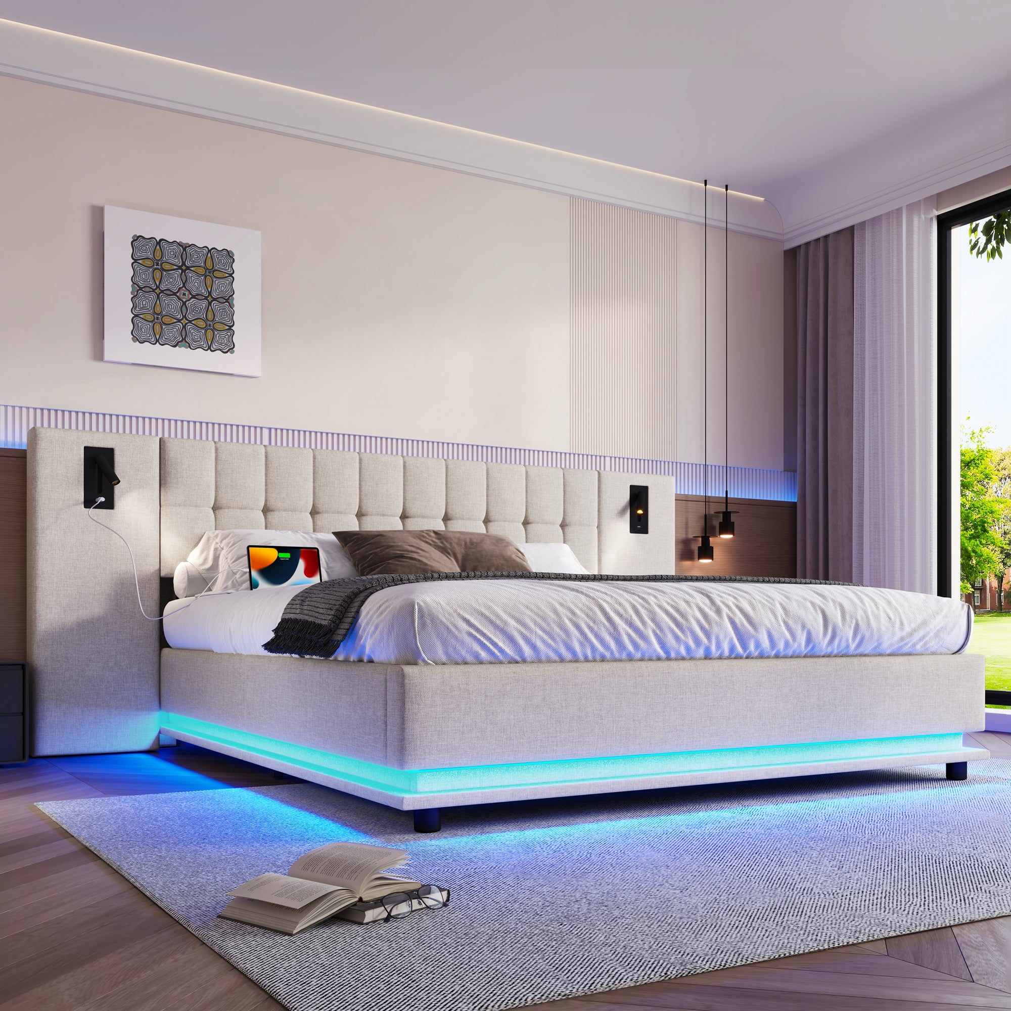 Cama estofada 180 x 200 cm com cabeceira grande - LEDs, tomadas USB e 2 candeeiros de cabeceira - Tecido de linho - Bege (sem colchão) - 4