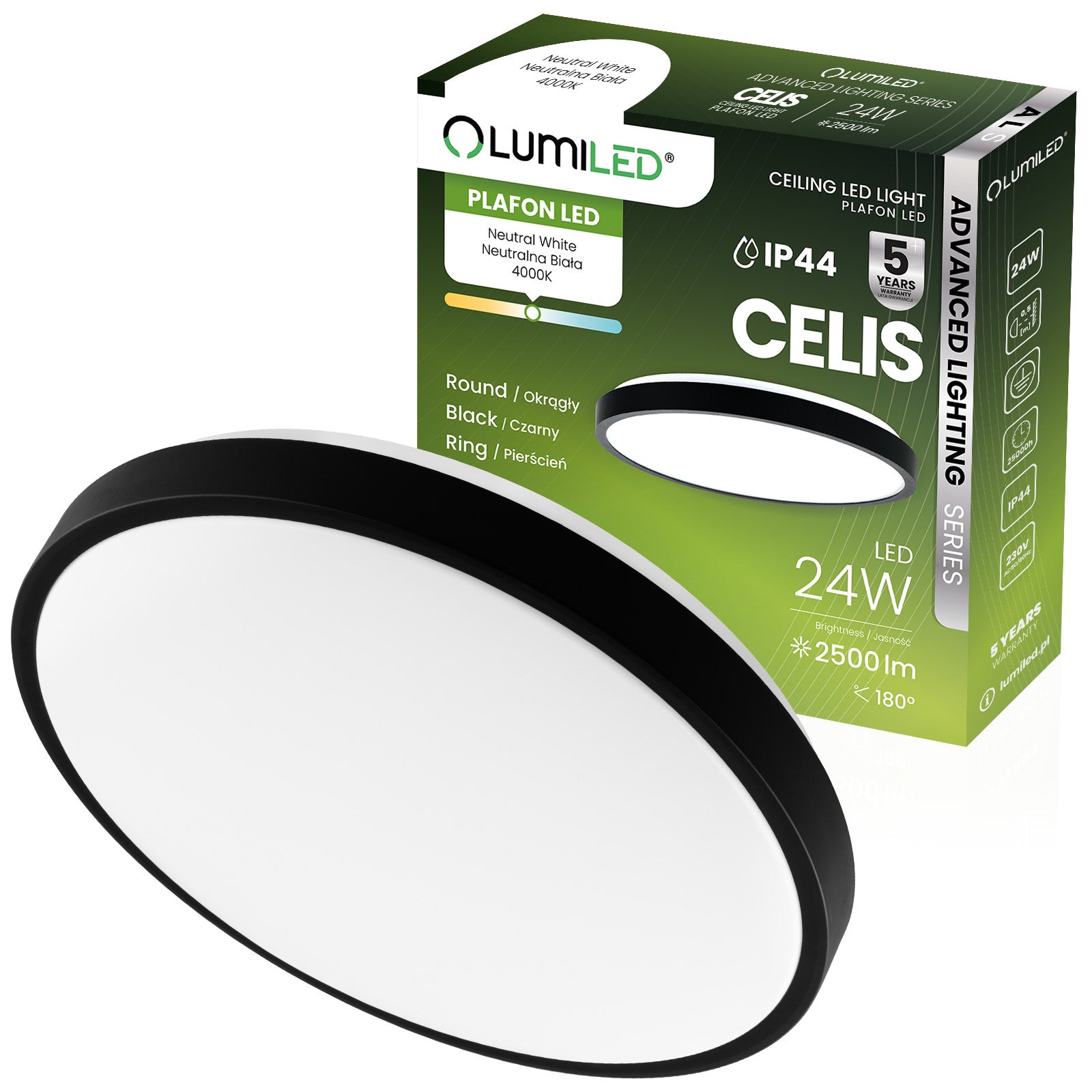 Plafon LED Lumiled Lampa Sufitowa Natynkowa 24W 4000K Neutralna biel Okrągły IP44 Czarny 1 szt.