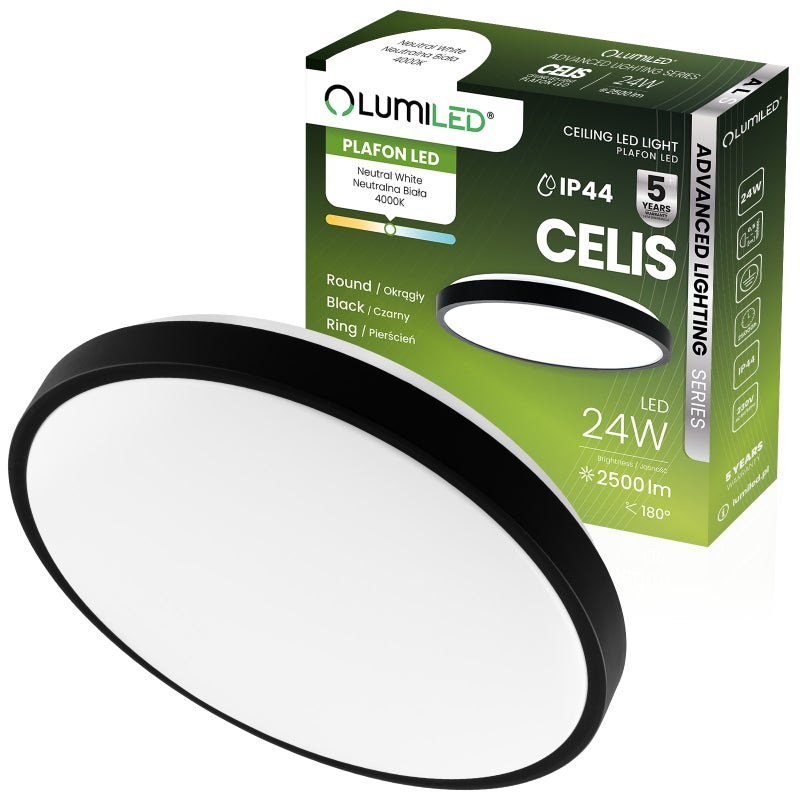 Plafon LED Lumiled Lampa Sufitowa Natynkowa 24W 4000K Neutralna biel Okrągły IP44 Czarny 1 szt.