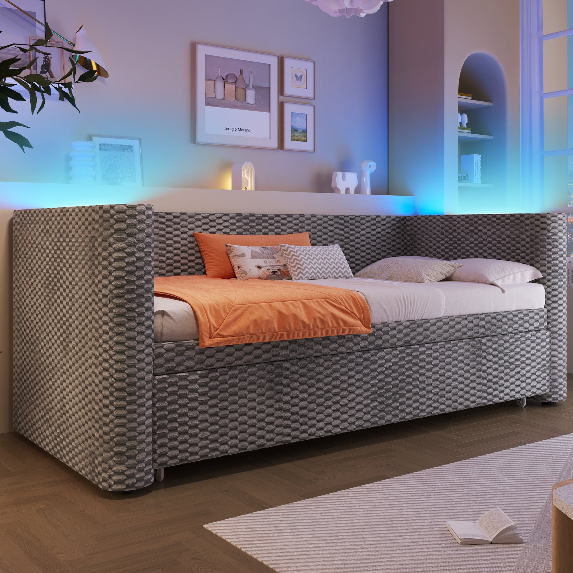 Rozkładana sofa 90/180x200cm - z wysuwane łóżko - z listwą LED - z stelażem lamelowym - welur - szary (materac nie jest wliczony w cenę) - 2