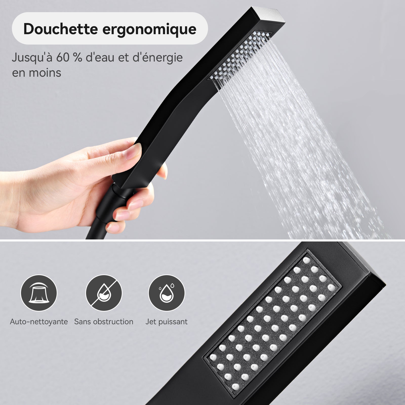 Auralum max Colonne Douche Noir sans Mitigeur Ensemble Douche avec Douchette,Réglable en hauteur avec Tête Douche Carrée 20*20cm,Acier Inoxydable - 3
