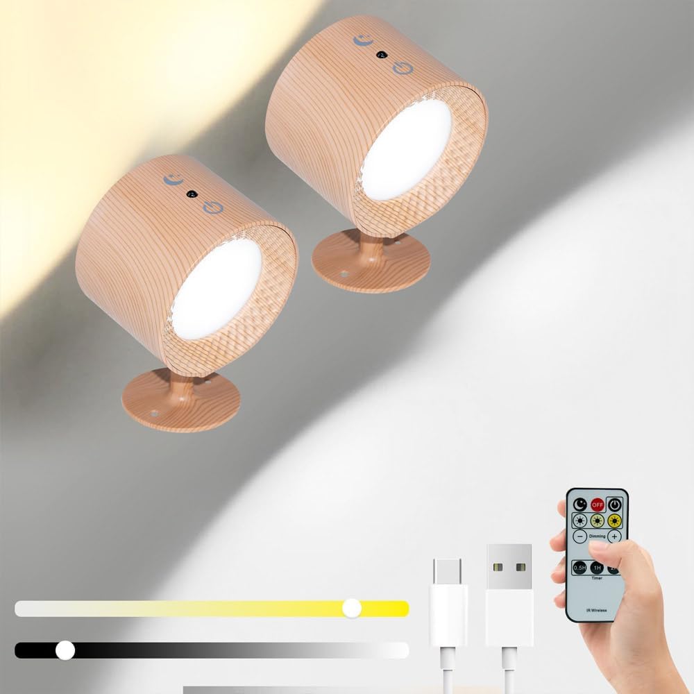 Lampa ścienna ładowana przez USB, obrót o 360°, oświetlenie dwustronne, 3 temperatury barwowe (słoje drewna, 2 sztuki)