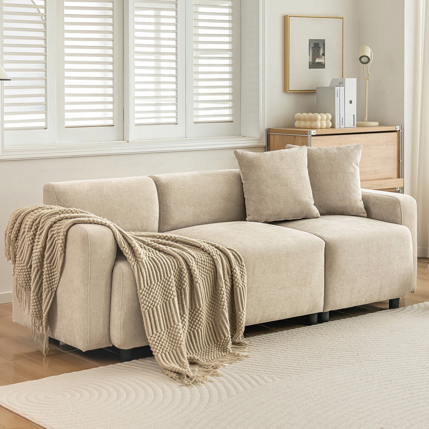 Sofa 3-osobowa z tkaniny szenilowej z 2 poduszkami - spanie 211 cm - beżowy